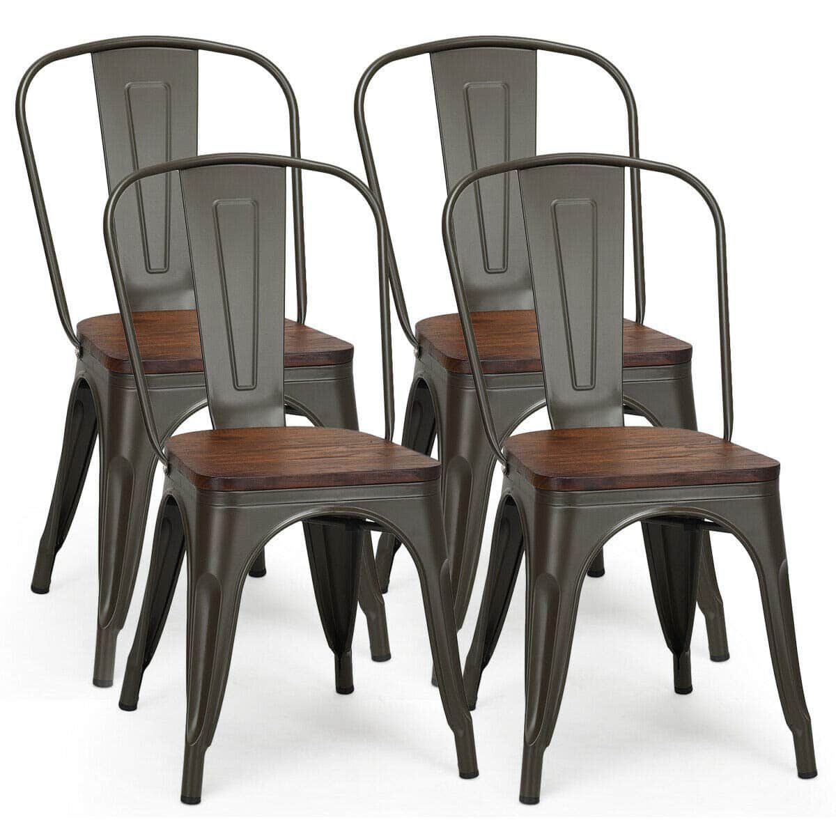 Costway - Set of 4 Style Metal Dining Side Chair Wood Seat Stackable Bistro Cafe - as pic