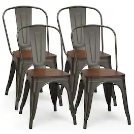 Costway - Set of 4 Style Metal Dining Side Chair Wood Seat Stackable Bistro Cafe - as pic