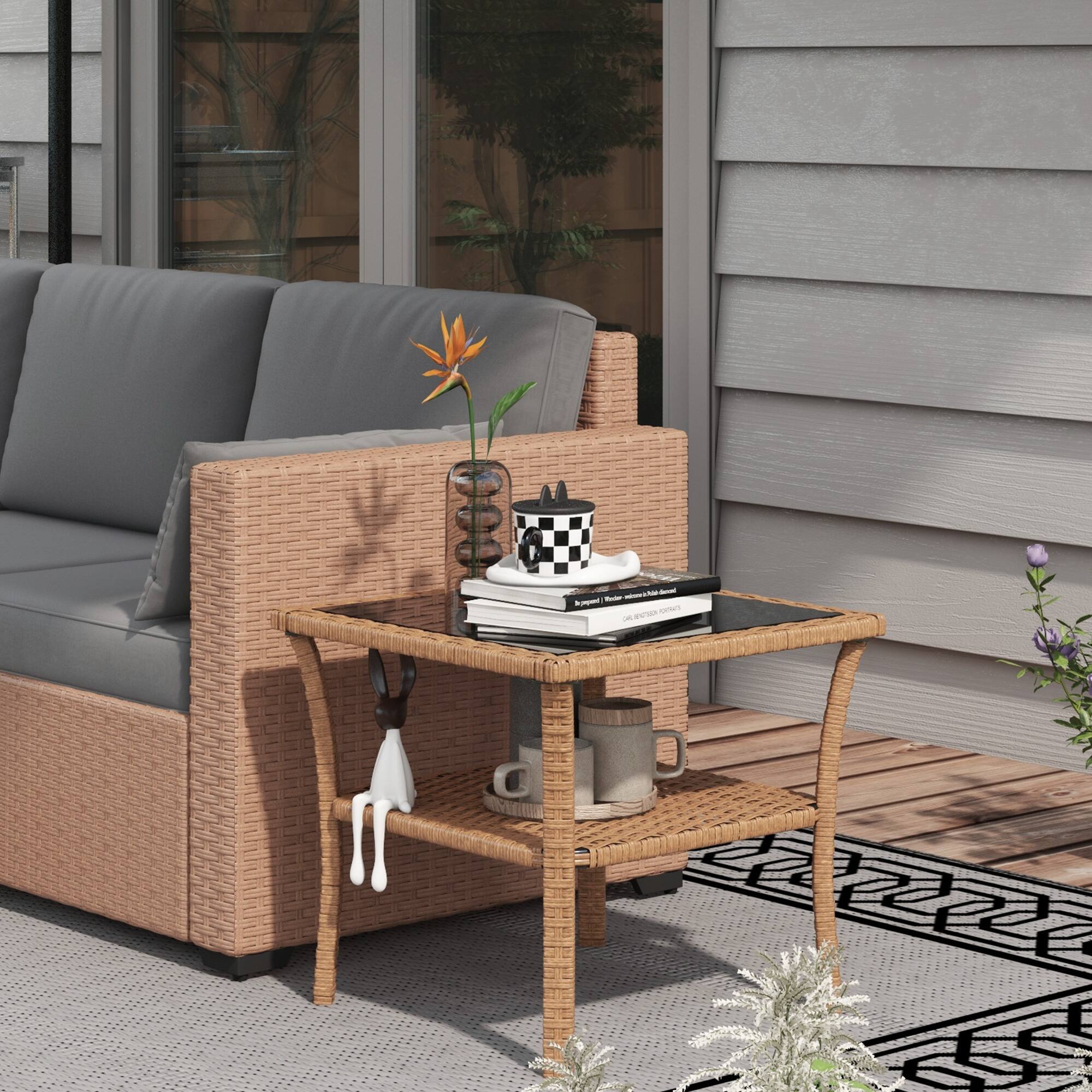Angle. Outsunny - Outsunny Rattan Side Table, Outdoor End Table with Storage Shelf - Sand.
