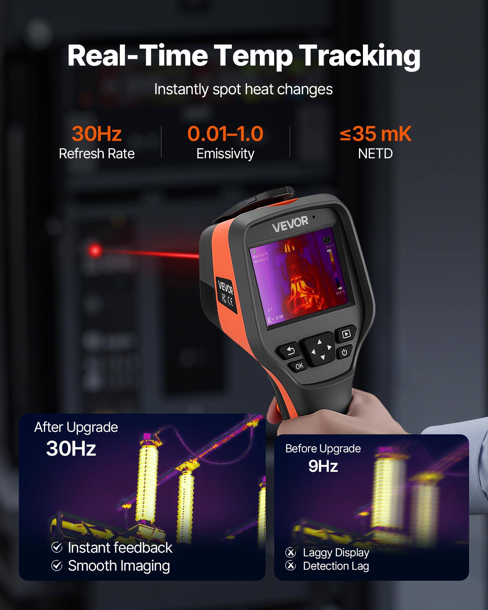 Real-Time Temp Tracking  
Instantly spot heat changes  

30Hz Refresh Rate  
0.01-1.0 Emissivity  
≤35 mK NETD  

VEVOR MFT x BRET  

After Upgrade  
30Hz  
Instant feedback  
Smooth Imaging  

Before Upgrade  
9Hz  
Laggy Display  
Detection Lag
