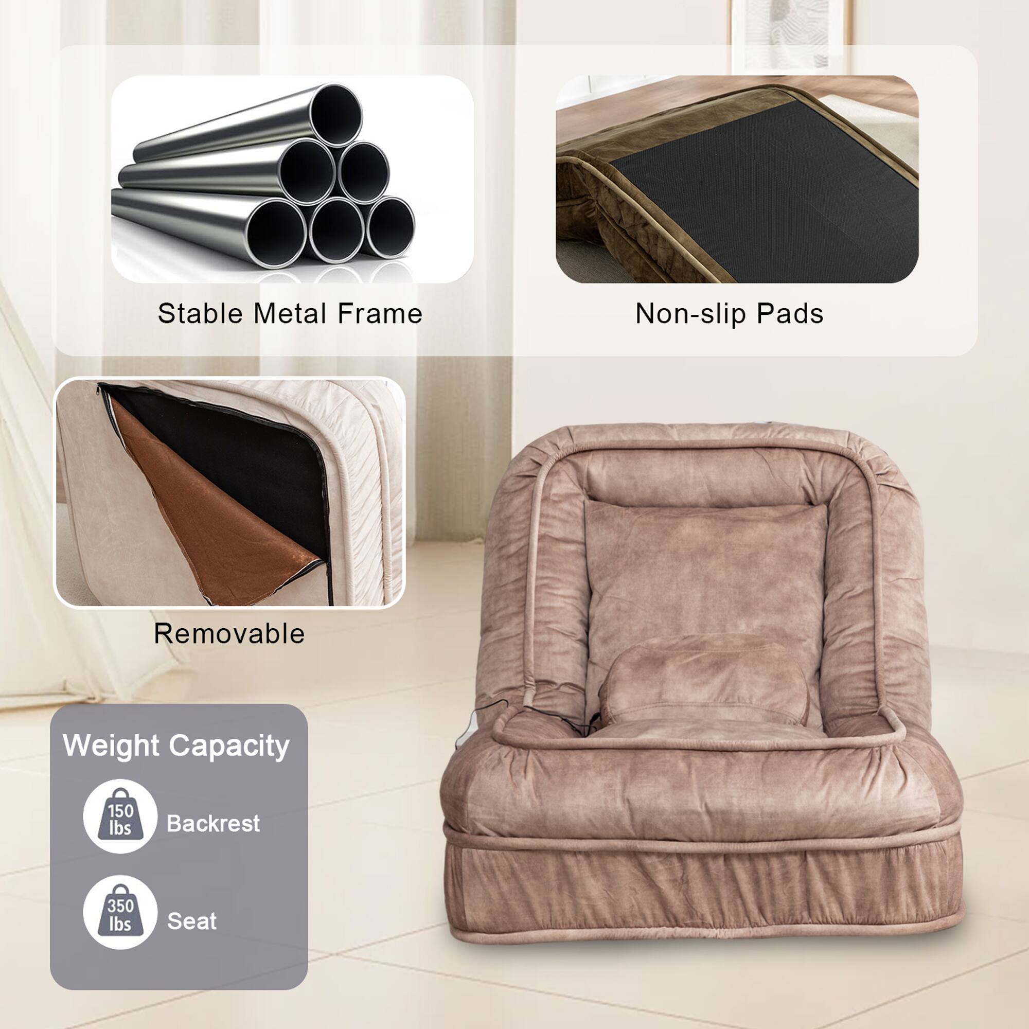 - Stable Metal Frame
- Non-slip Pads
- Removable
- Weight Capacity
  - Backrest: 150 lbs
  - Seat: 350 lbs