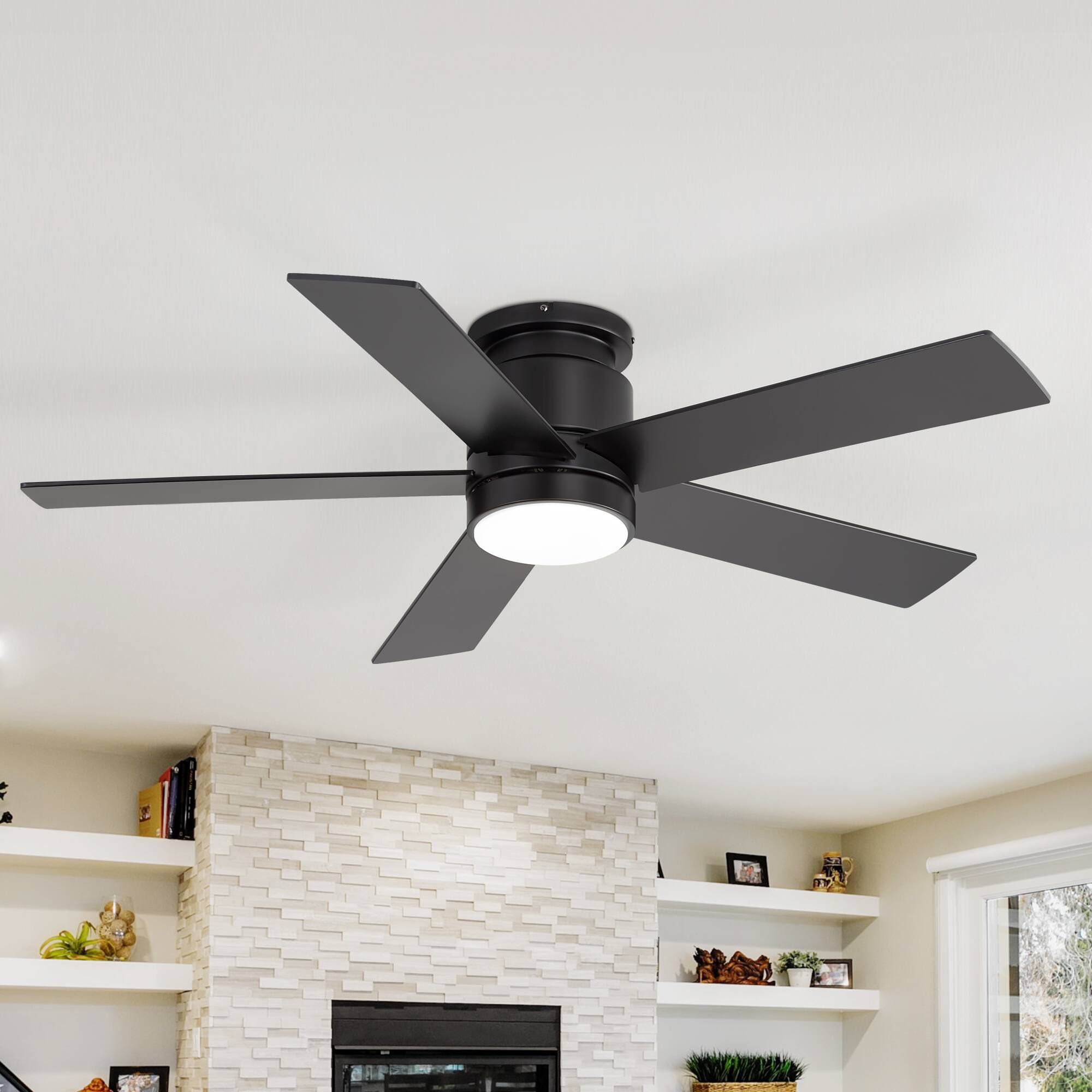 Angle. Breezary - 42"/52" Flush Mount Low Profile Ceiling Fan with LED Light, 5 Blades, DC Motor, Remote Control and Timer, for Indoor Use - Black-42 in.