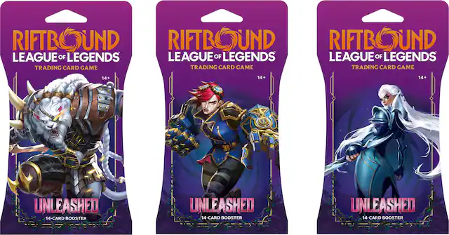 RIFTBOUND LEAGUE OF LEGENDS TRADING CARD GAME
14+
UNLEASHED
14-CARD BOOSTER
RIFTBOUND LEAGUE OF LEGENDS TRADING CARD GAME
14+
UNLEASHED
14-CARD BOOSTER
RIFTBOUND LEAGUE OF LEGENDS TRADING CARD GAME
14+
UNLEASHED
14-CARD BOOSTER