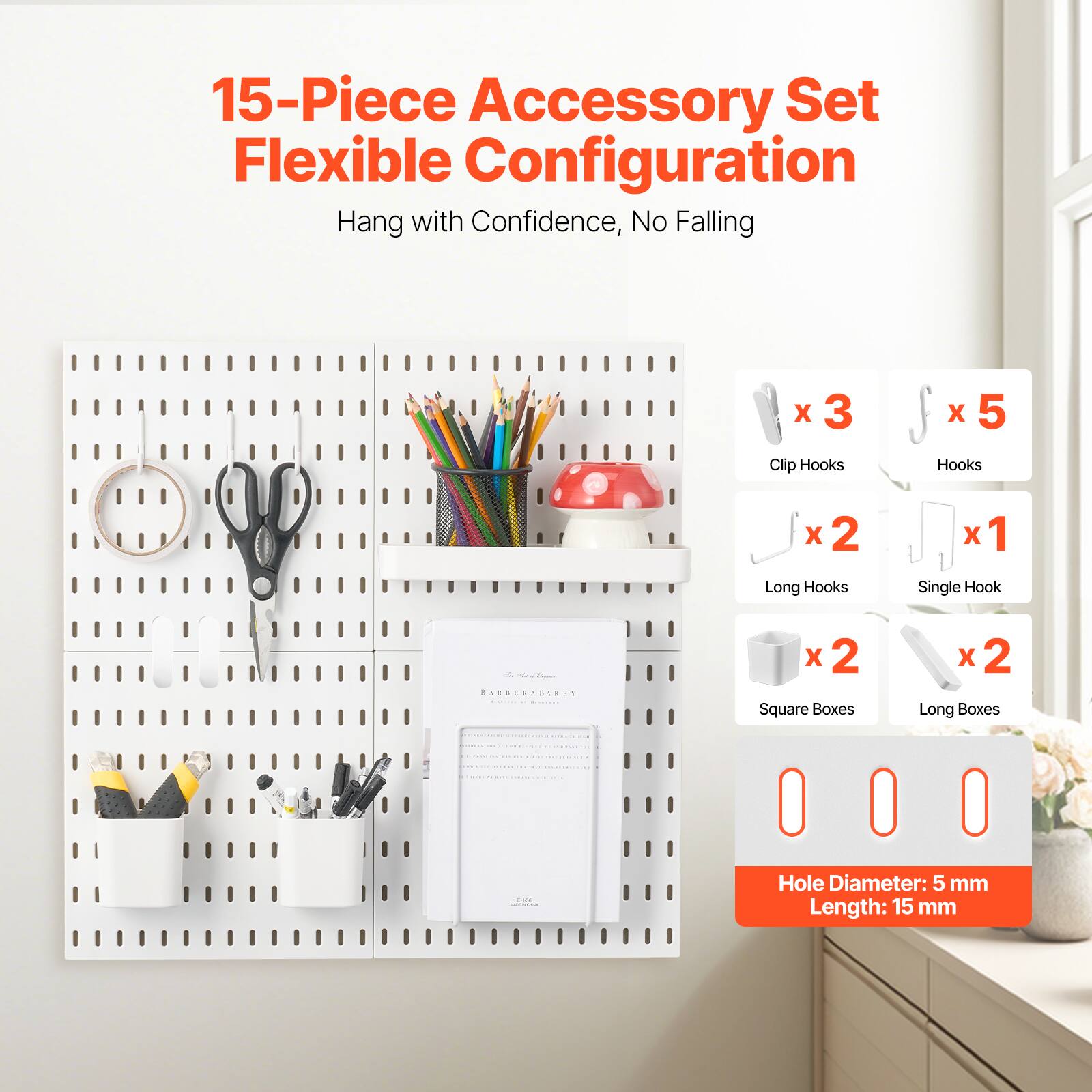 15-Piece Accessory Set Flexible Configuration  
Hang with Confidence, No Falling  

- Clip Hooks x 3  
- Hooks x 5  
- Long Hooks x 2  
- Single Hook x 1  
- Square Boxes x 2  
- Long Boxes x 2  

Hole Diameter: 5 mm  
Length: 15 mm