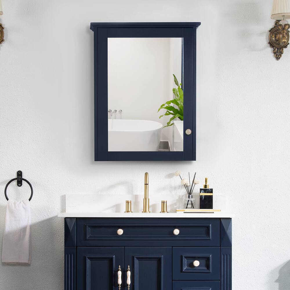 Alt View 4. WELLFOR - 24 in. W x 30 in. H Rectangular Solid Wood Frame Surface Mount Medicine Cabinet with Mirror and Soft Close Door - Navy Blue.