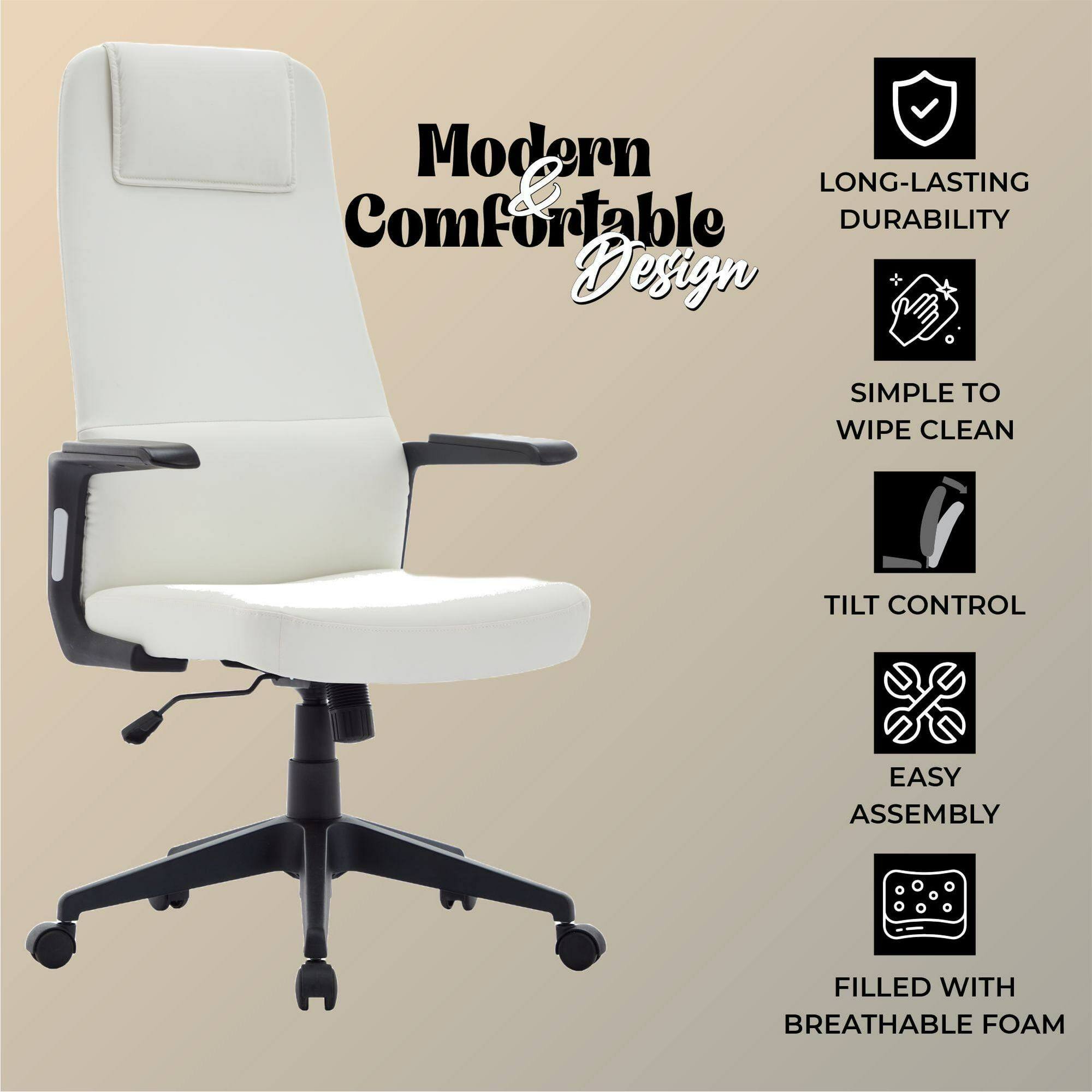 Modern Comfortable Design

- LONG-LASTING DURABILITY
- SIMPLE TO WIPE CLEAN
- TILT CONTROL
- EASY ASSEMBLY
- FILLED WITH BREATHABLE FOAM