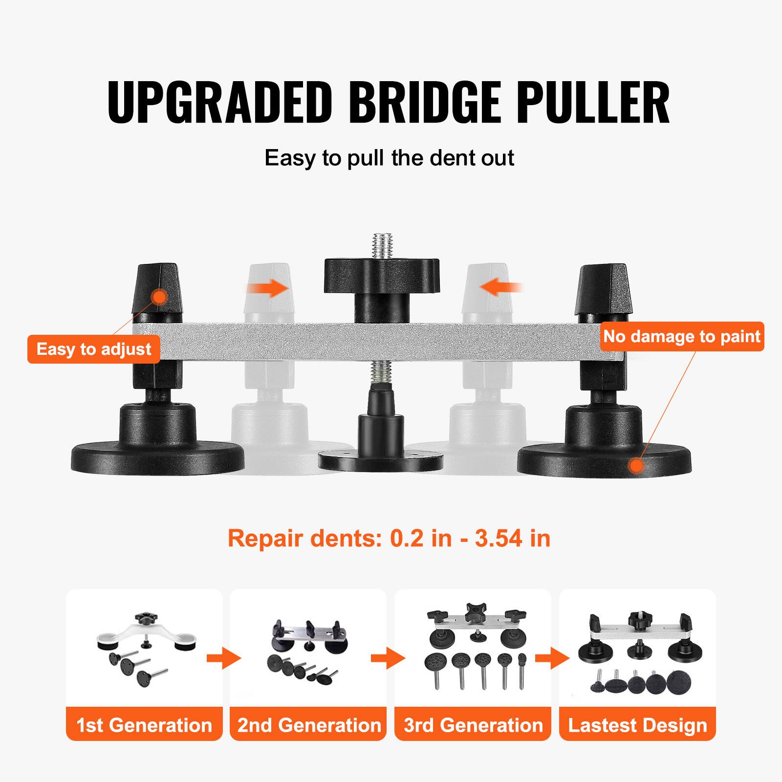 UPGRADED BRIDGE PULLER  
Easy to pull the dent out  
Easy to adjust  
No damage to paint  
Repair dents: 0.2 in - 3.54 in  

1st Generation  
2nd Generation  
3rd Generation  
Latest Design