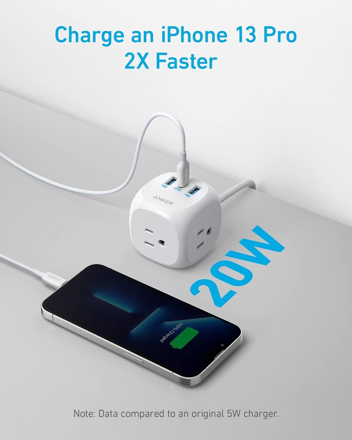 Charge an iPhone 13 Pro 2X Faster  
20W  
Note: Data compared to an original 5W charger.