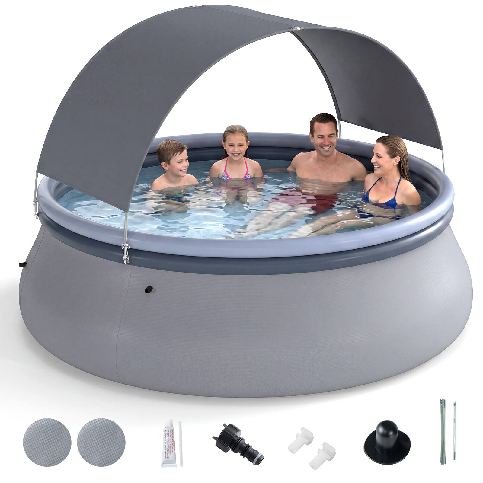 Costway - Outdoor Large Inflatable Pool, Round Blow Up Pool with Sunshade Canopy for Adults - Blue + Gray