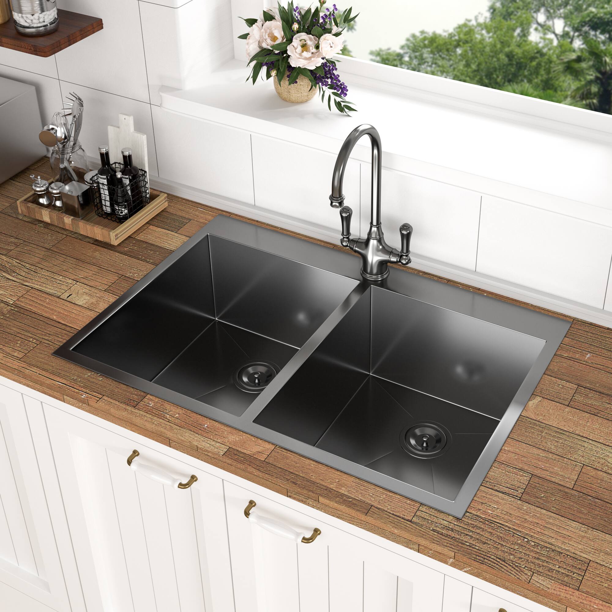 Left. Siljoy - Double Bowl Drop in Sink- 33" x 22" x 9" Gunmetal Black  Double Bowl Kitchen Sink 16 Gauge with Two 9" Deep Basin - Gunmetal Black.