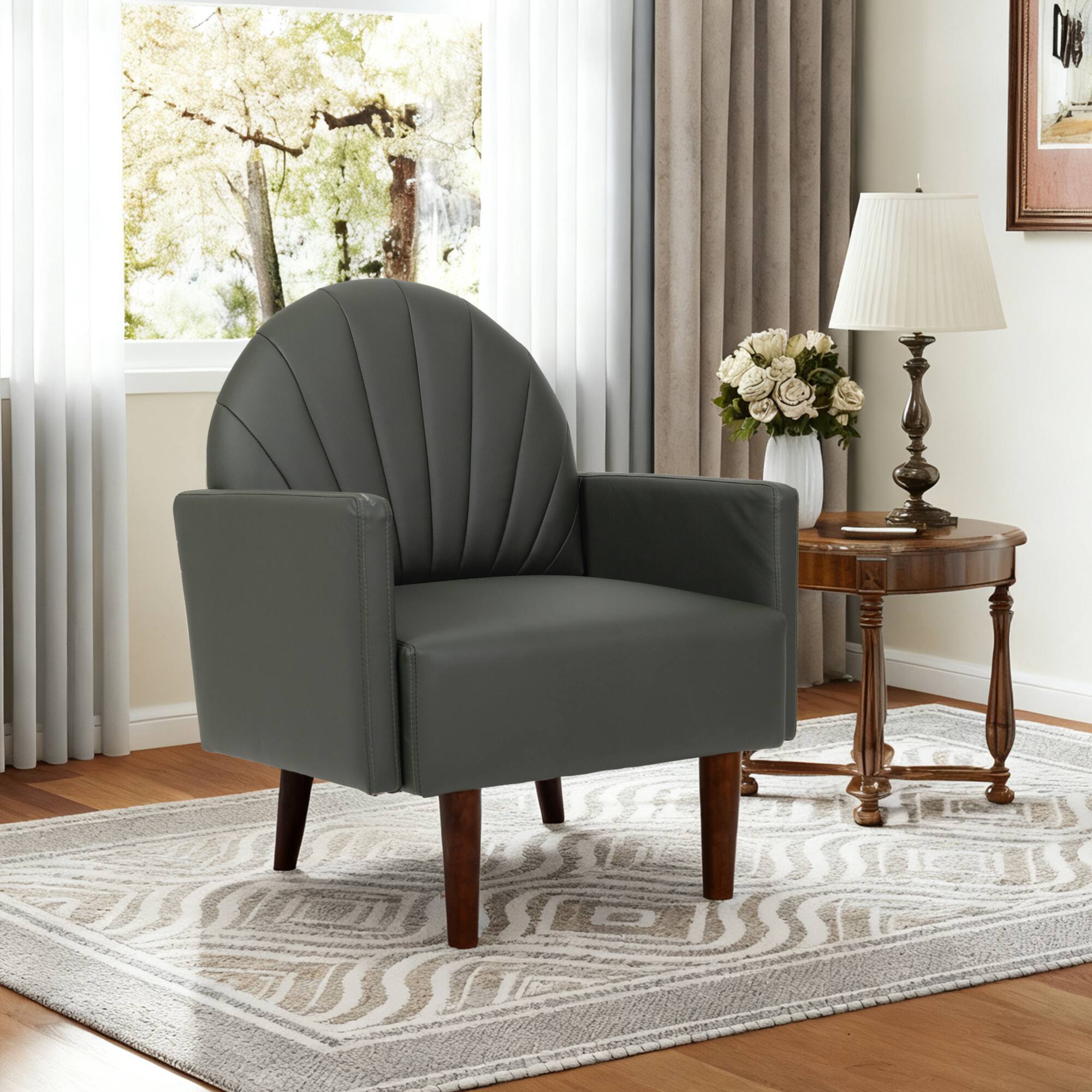 Alt View 1. GOODSILO - Contemporary Shell-Shaped Armchair with Upholstered Comfort and Wooden Legs for Versatile Home Decor - Dark Green.