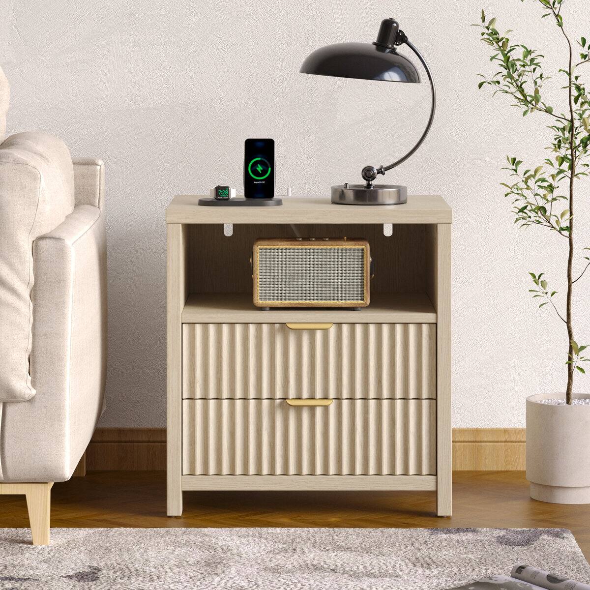 Furnulem - 19.7 In Modern Nightstand Bedside Table with Charging Station 2 Wood Slide Drawers - Beige