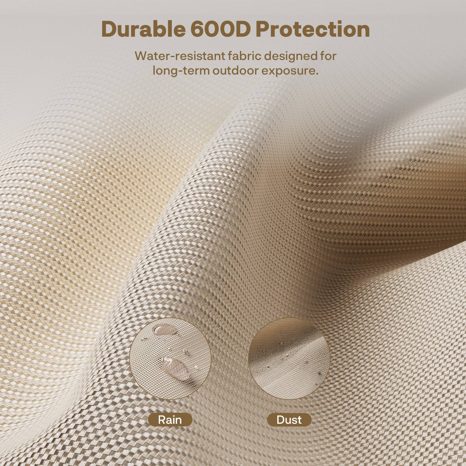 Durable 600D Protection  
Water-resistant fabric designed for long-term outdoor exposure.  

Rain  
Dust
