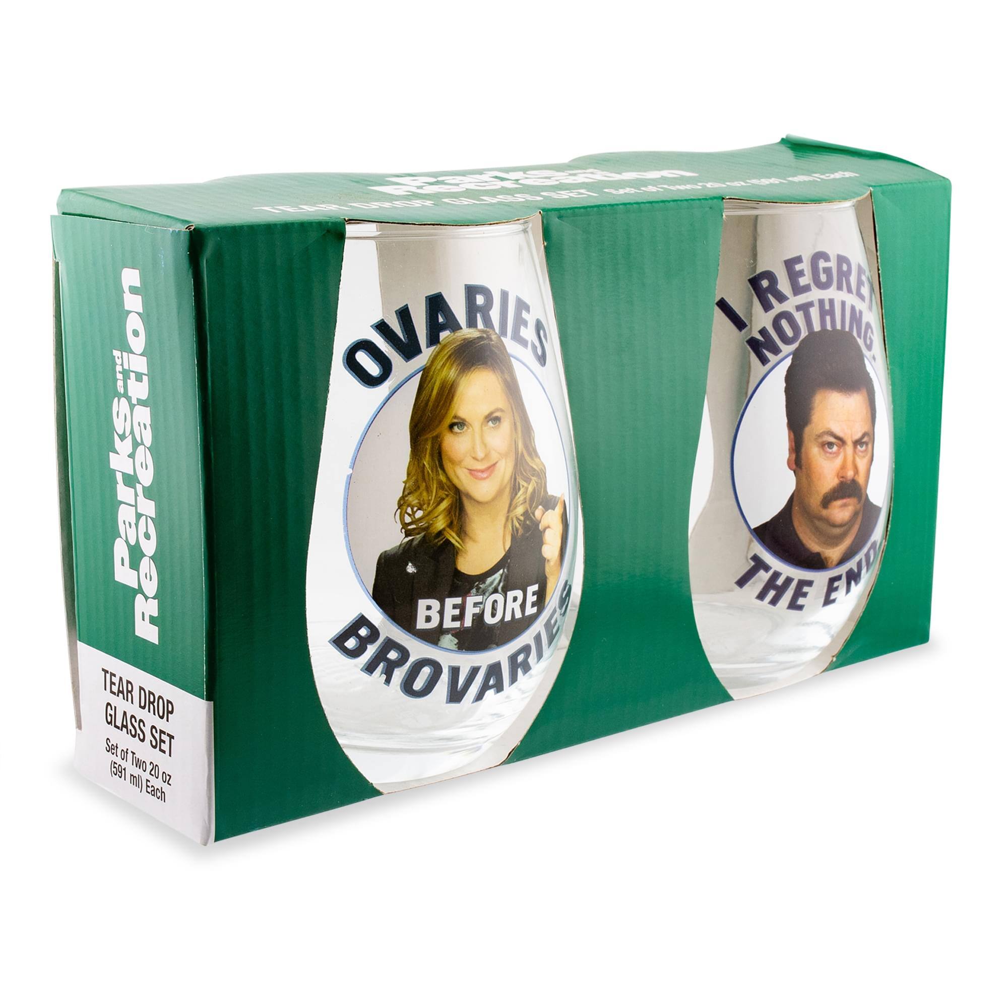 Park's Recreation  
TEAR DROP GLASS SET  
Set of Two 20 oz  
1591 ml Each  

OVARIES BEFORE BROVARIES  

I REGRET NOTHING  
THE END