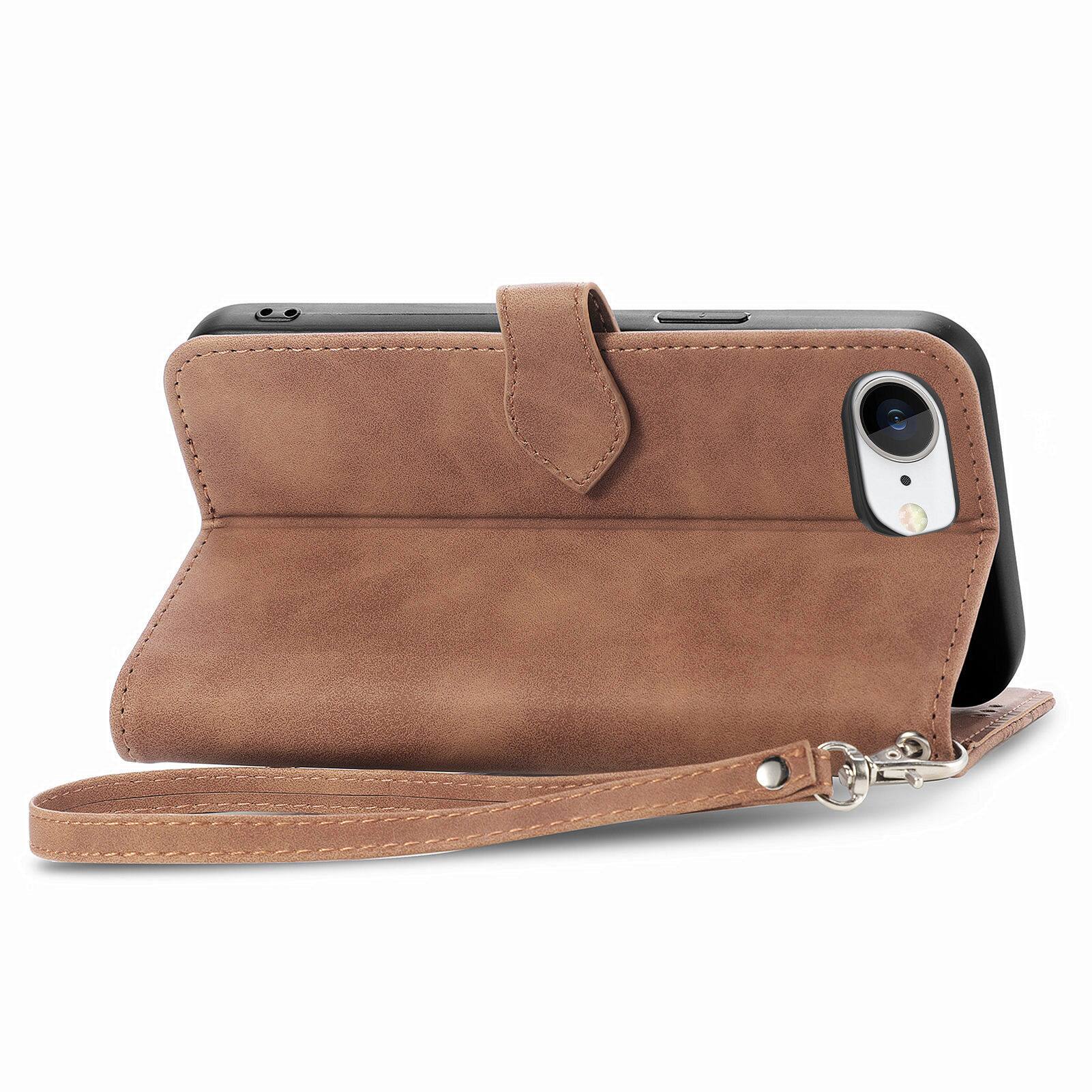 Left. Dteck - for Apple iPhone 17e / 16e Wallet Case,Folio Shockproof PU Leather Card Holder Cover with Zipper Pocket & Wrist Strap - Brown.