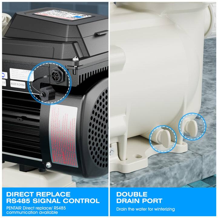 MADE IN CHINA

DIRECT REPLACE RS485 SIGNAL CONTROL  
PENTAIR Direct replace/ RS485 communication available

DOUBLE DRAIN PORT  
Drain the water for winterizing