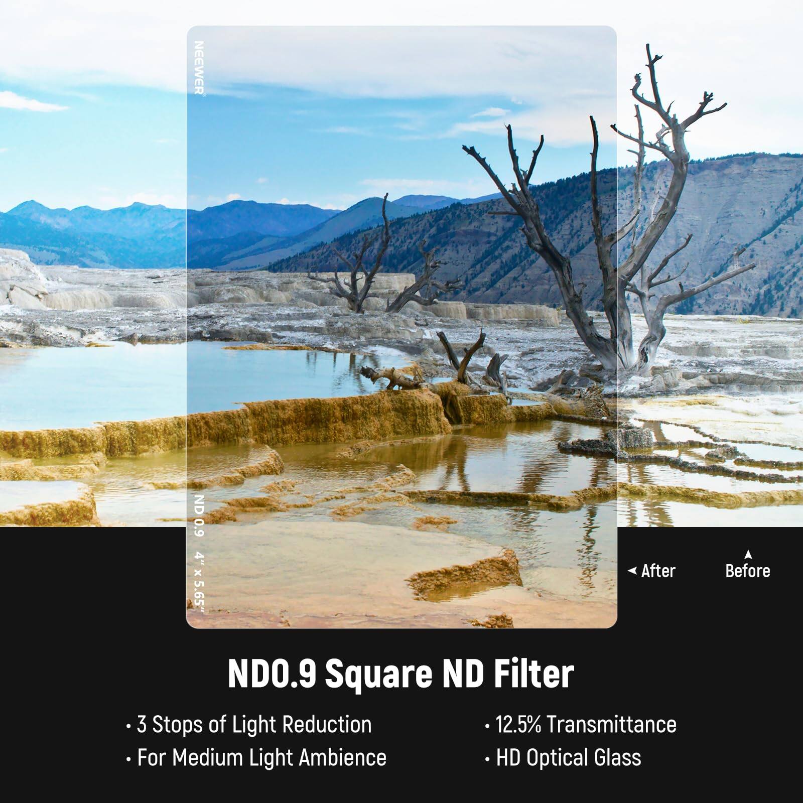 NEEWER ND 0.9 4" x 5.65" Square ND Filter  
- 3 Stops of Light Reduction  
- 12.5% Transmittance  
- For Medium Light Ambience  
- HD Optical Glass