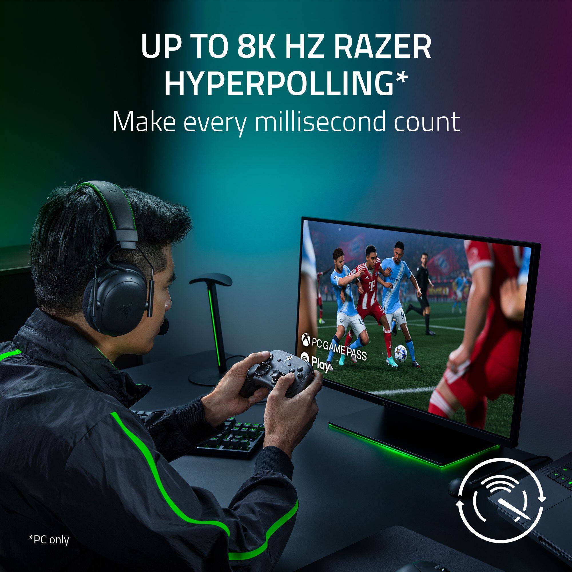 UP TO 8K HZ RAZER HYPERPOLLING*  
Make every millisecond count  

PC GAMER PASS Play  

*PC only