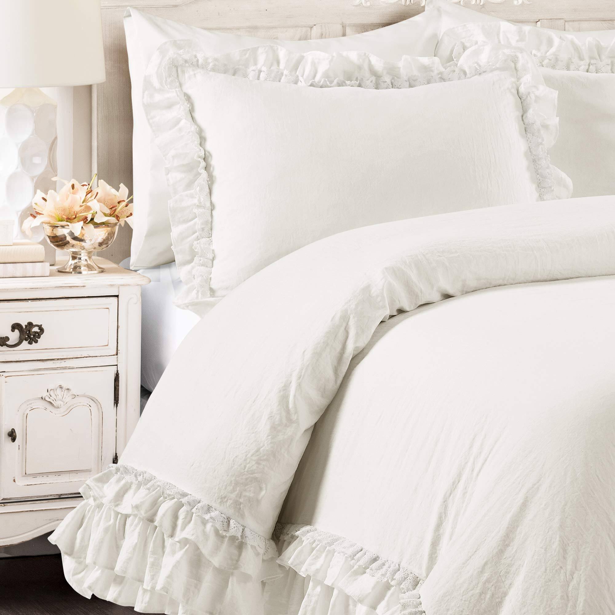 Back. Comfort Essence - Ella Ruffle Lace Comforter 3 Piece Set Fullqueen Cute Queen Bedding Coquette Trim - White-King-Duvet.