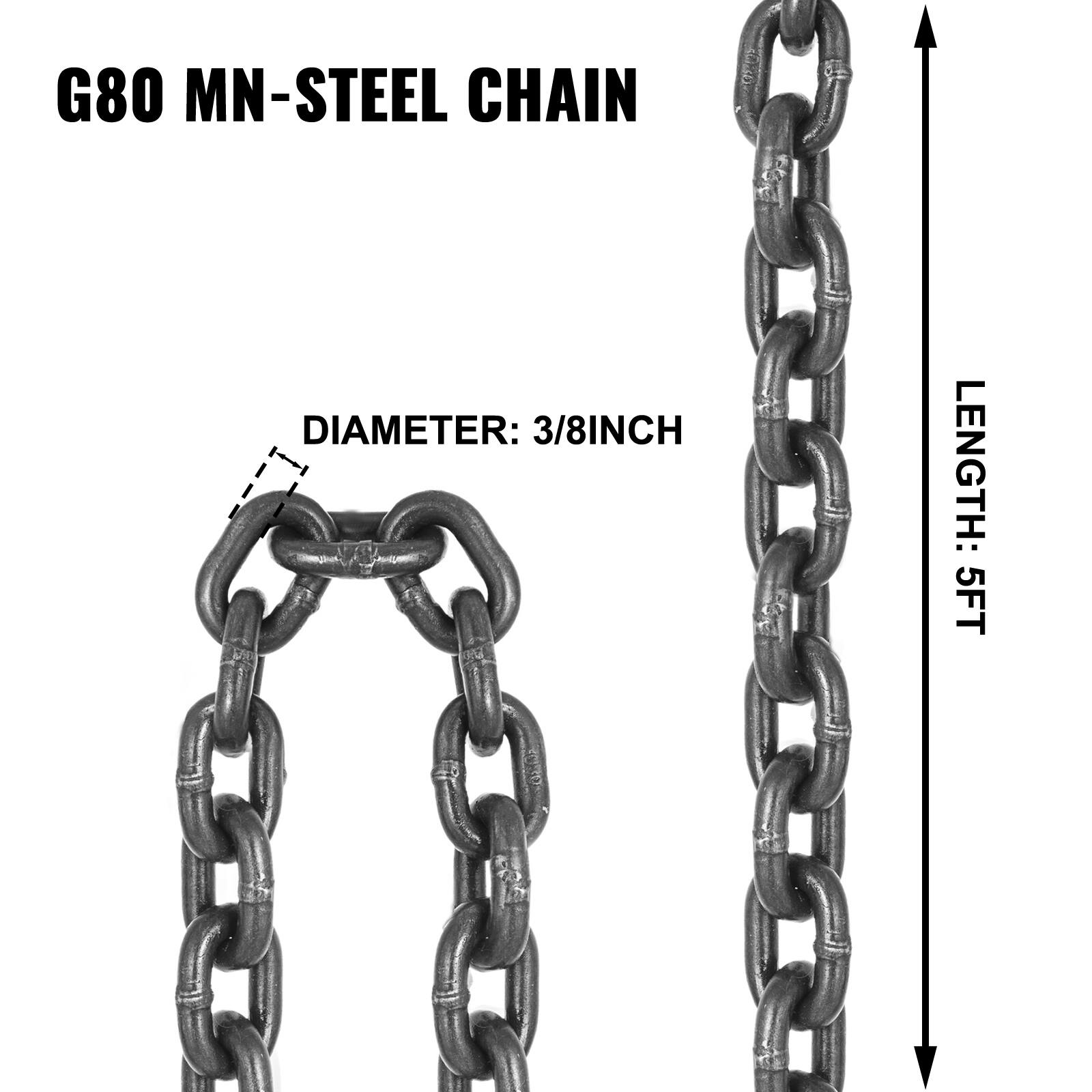G80 MN-STEEL CHAIN  
DIAMETER: 3/8 INCH  
LENGTH: 5 FT