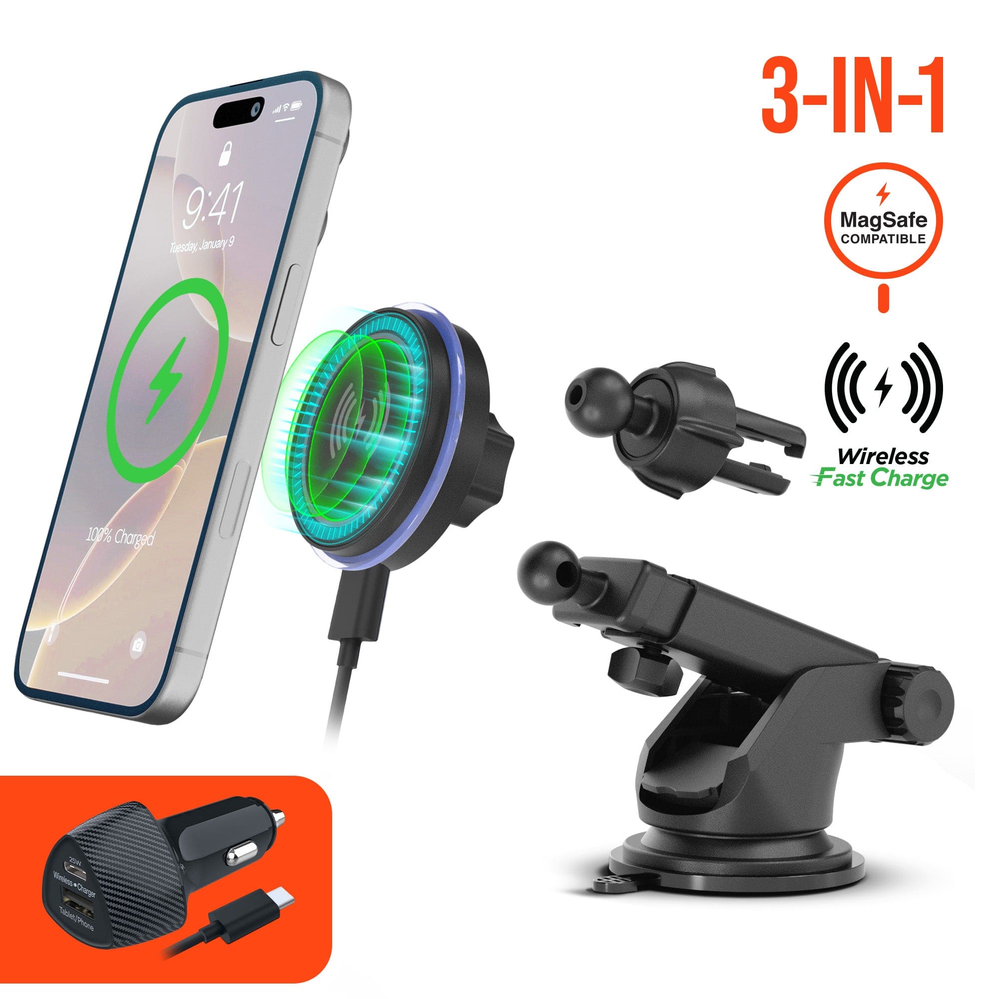 iBasics - 15W MagSafe Car Charger Mount – Vent, Dash & Windshield Phone Holder - Black
