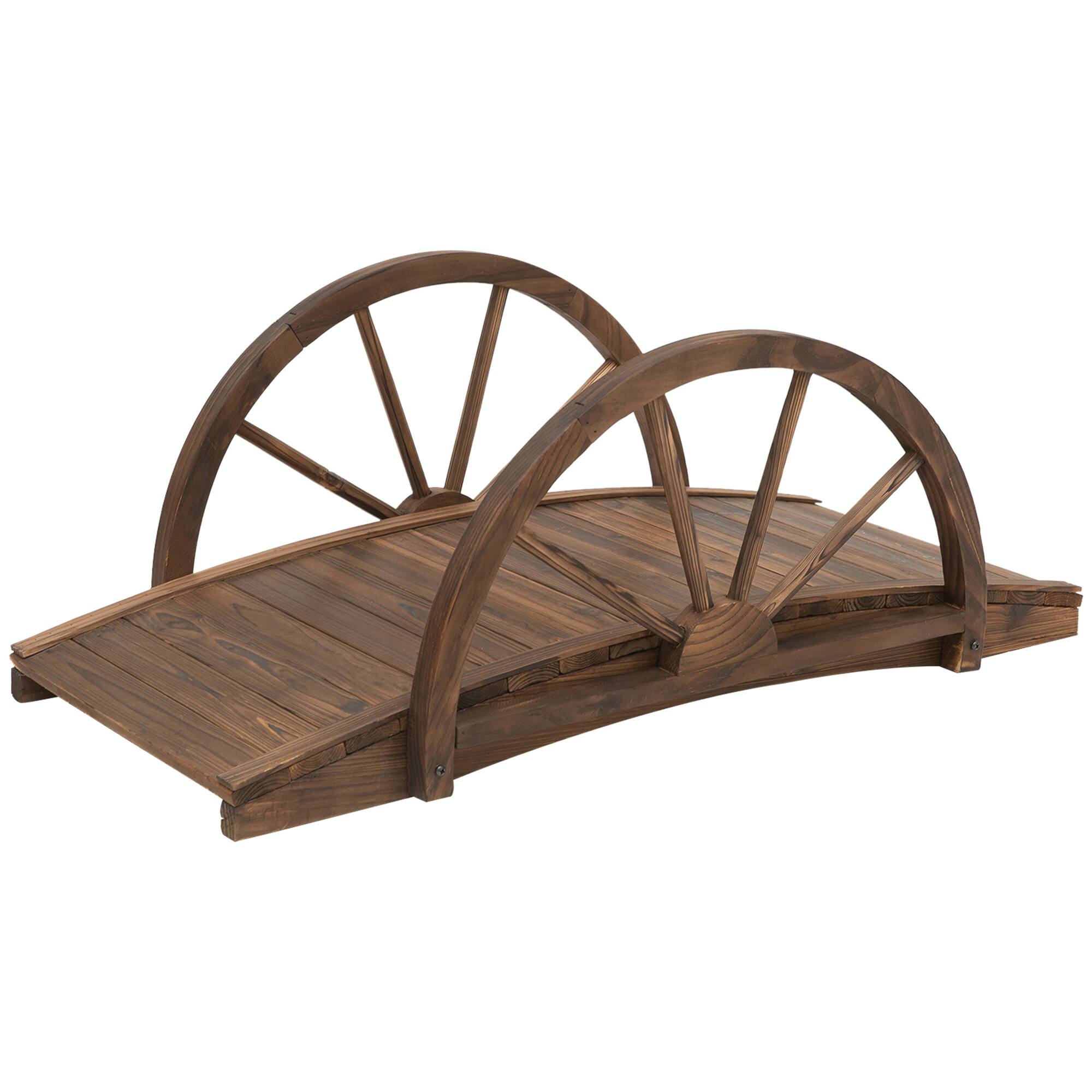 Front. Outsunny - Wooden Garden Bridge Arc Footbridge with Half-Wheel Style Railings & Solid Fir Construction - Stained Wood Color.