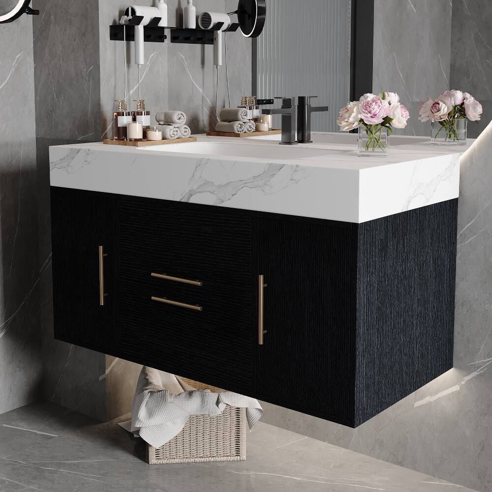 Alt View 2. Loheer - Loheer 39.4 inch wall mounted bathroom vanity waterproof plywood cabinet with ceramic basin - Black, White.