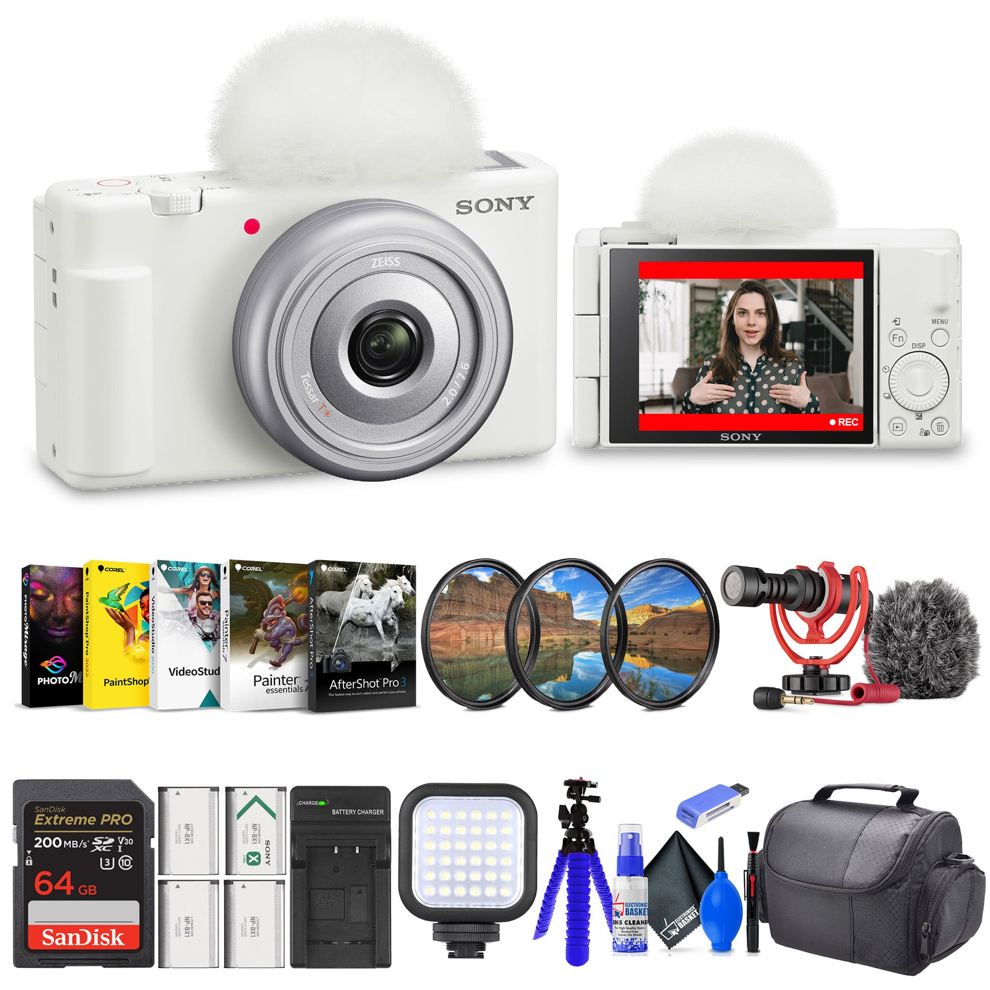 Sony - ZV-1F Vlogging Camera (ZV1F/W) + Filter Kit + 64GB Card + Corel Software - White