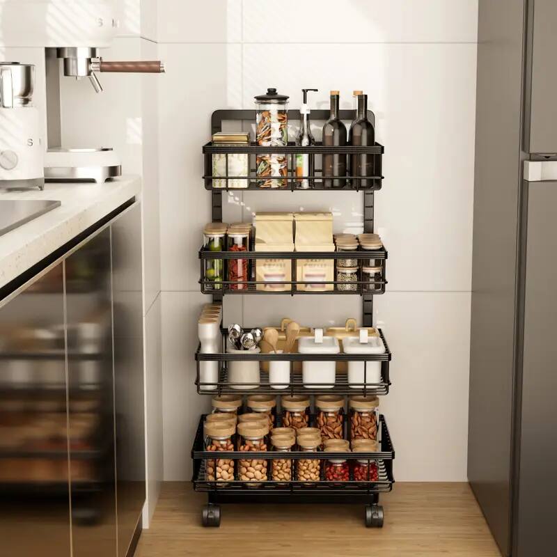 Left. Malletson - 4-Tier Kitchen Snack Cart with Wheels – Versatile Rolling Storage Cart for Kitchen - Black.