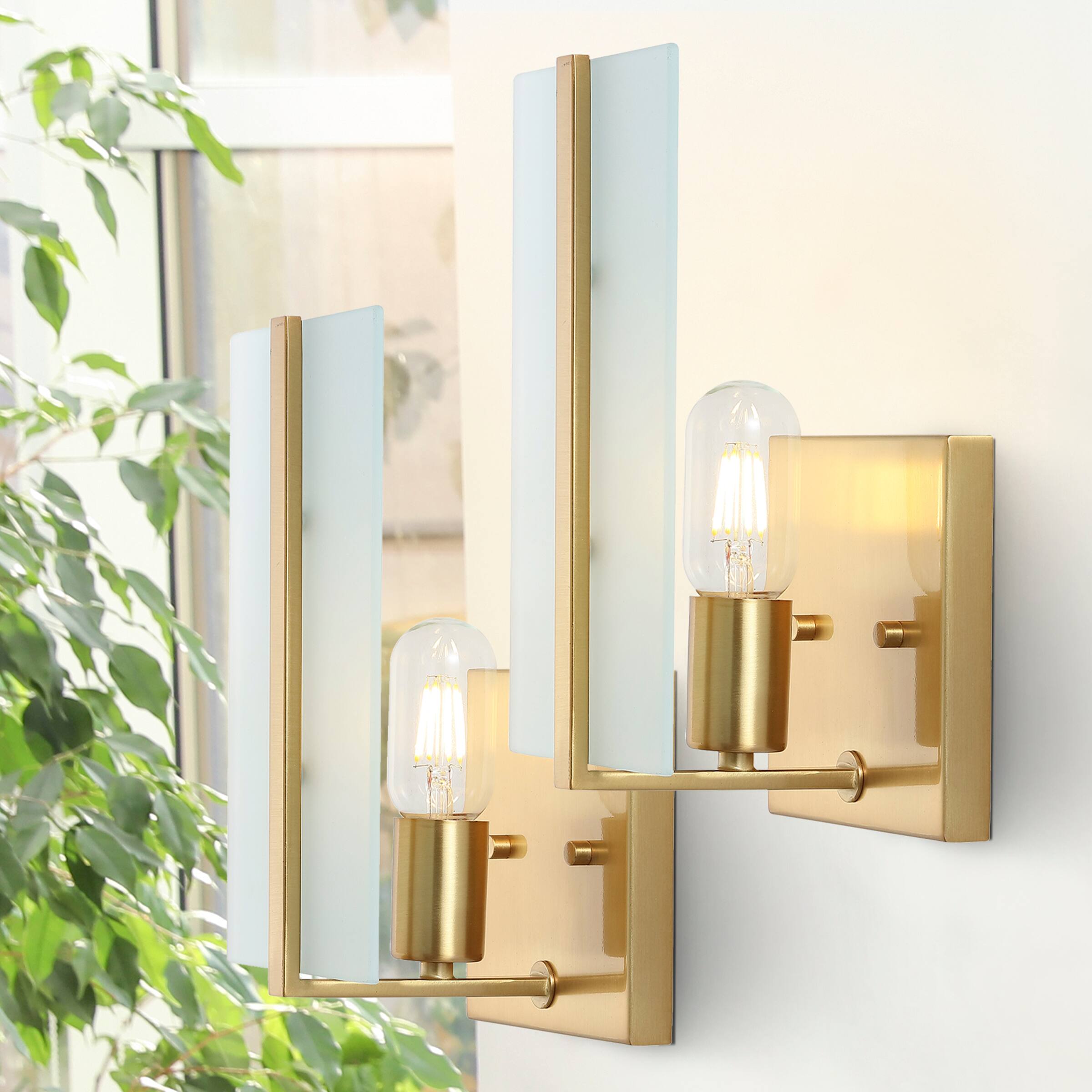 Alt View 6. Jonathan Y - Mila 5.5" 1-Light Modern Coastal Iron/Glass LED Sconce, Brass Gold (Set of 2) - Brass Gold.