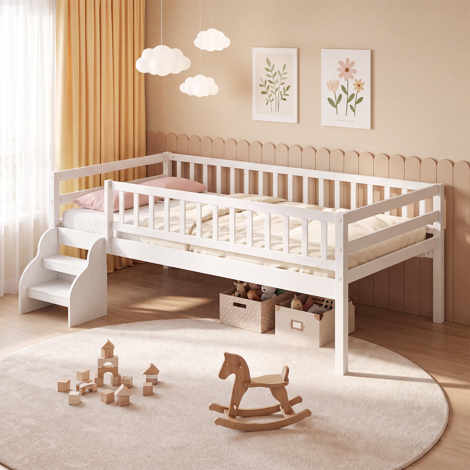 Costway - Twin Size Montessori Bed with Stairs Guardrails Wooden Slat Support Under Bed Space - White