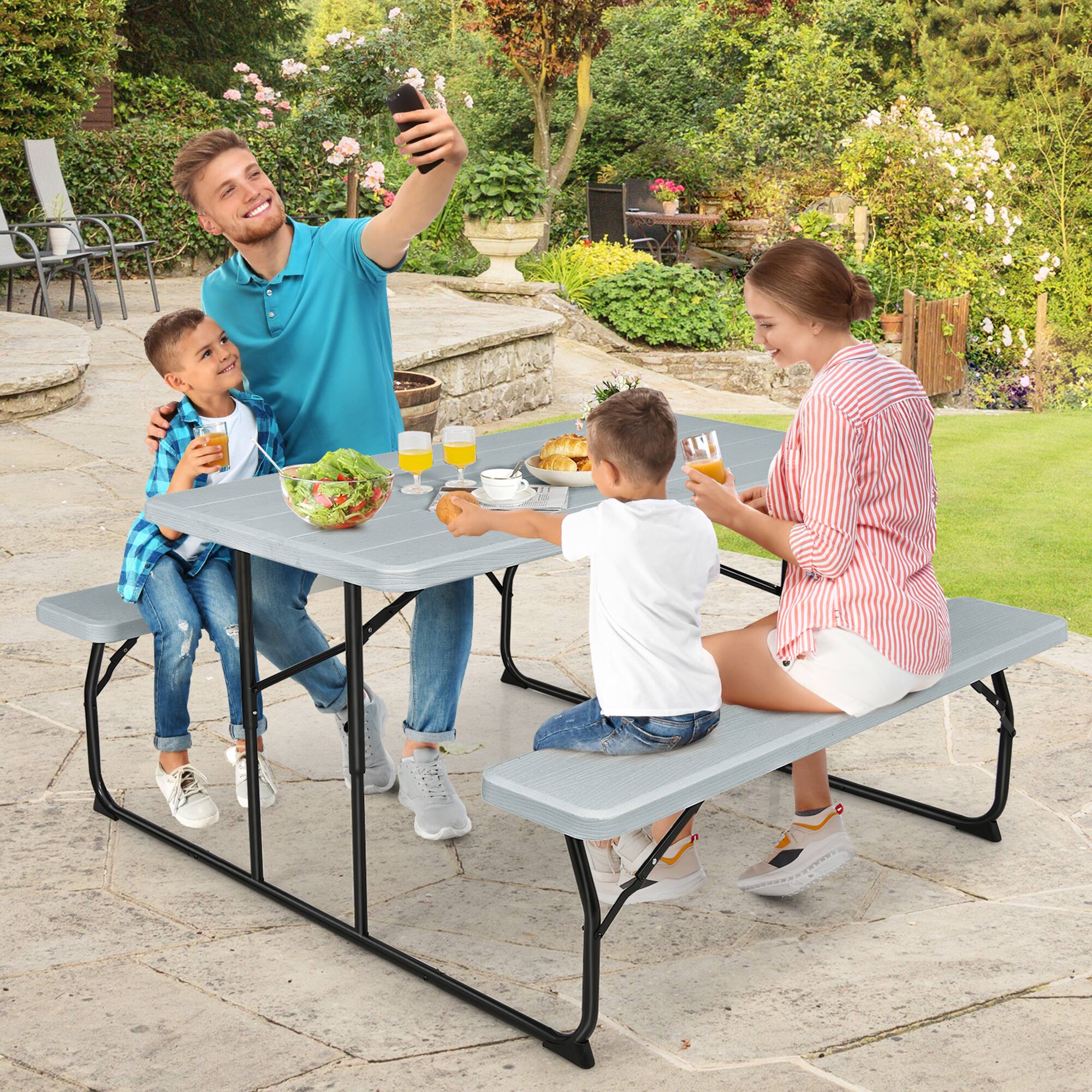 Alt View 3. Gymax - Gymax Folding Picnic Table & Bench Set for Camping BBQ w/ Steel Frame Grey - Grey.
