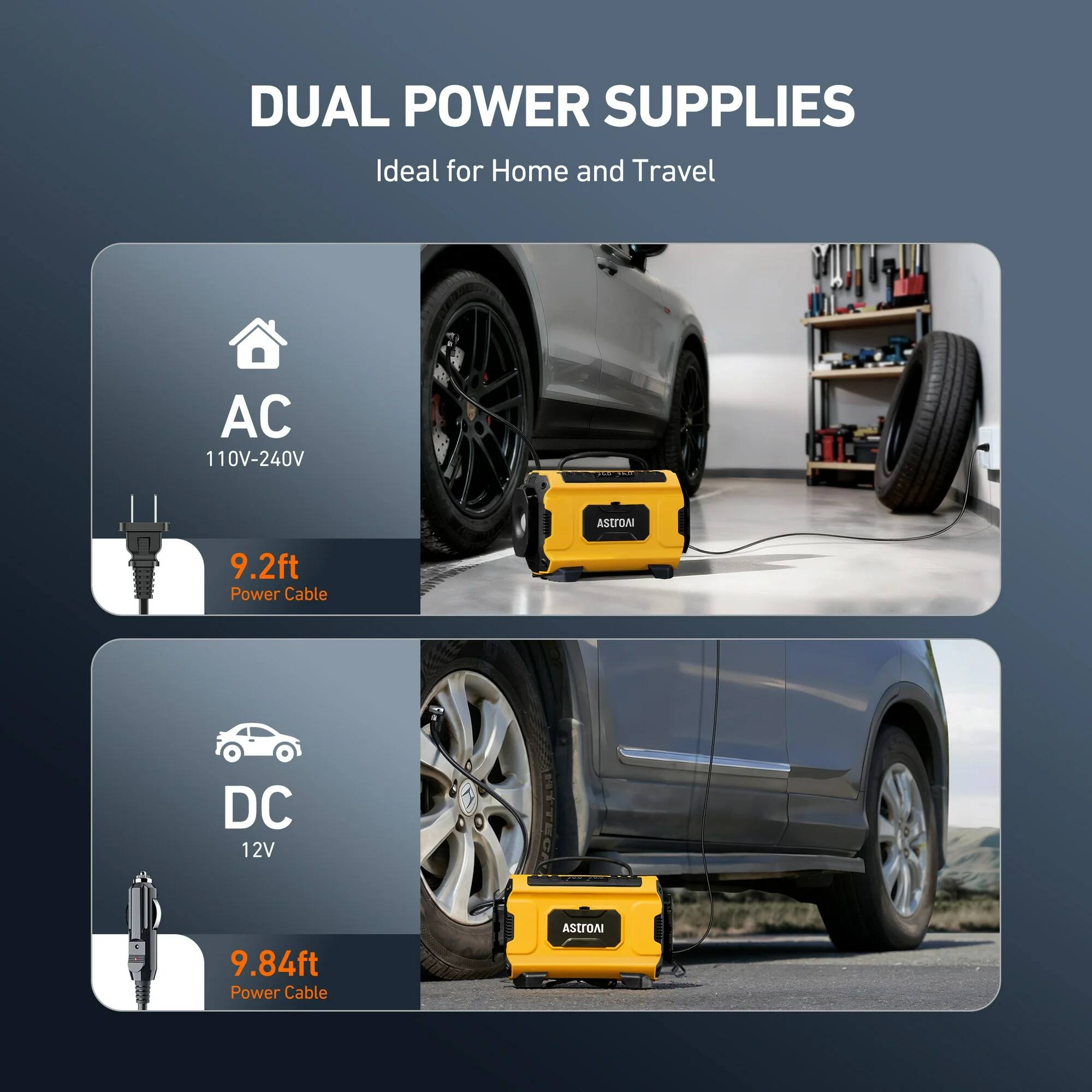 DUAL POWER SUPPLIES  
Ideal for Home and Travel  

AC 110V-240V  
9.2ft Power Cable  

DC 12V  
9.84ft Power Cable  

ASTROAI