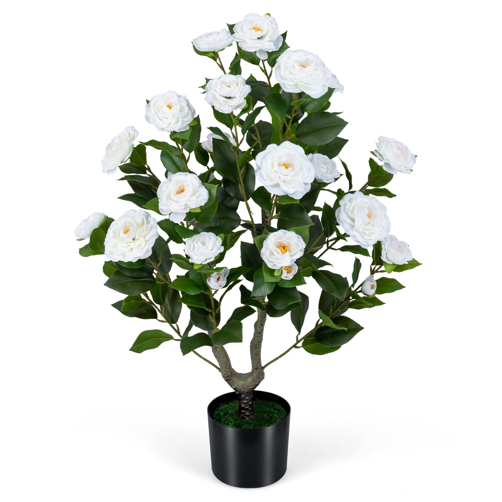 Gymax - Artificial Camellia Tree 35.5'' Faux Flower Plant in Cement-Filled Pot for Home Green & Black - White price history on PriceWatchPro