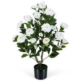 Gymax - Artificial Camellia Tree 35.5'' Faux Flower Plant in Cement-Filled Pot for Home Green & Black - White