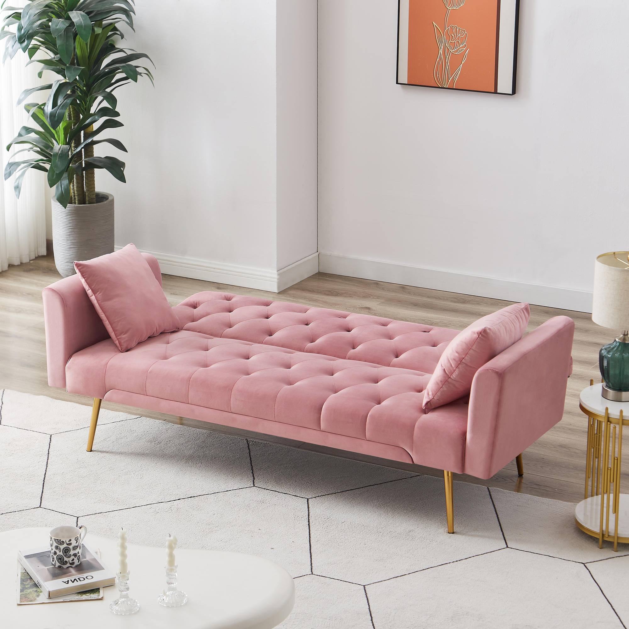 Alt View 3. Meqiodas - Convertible Sofa Bed Modern Futon Set, Velvet Foldable Reclining Loveseat, Three Adjustment Angles, Easy Assembly - PINK.