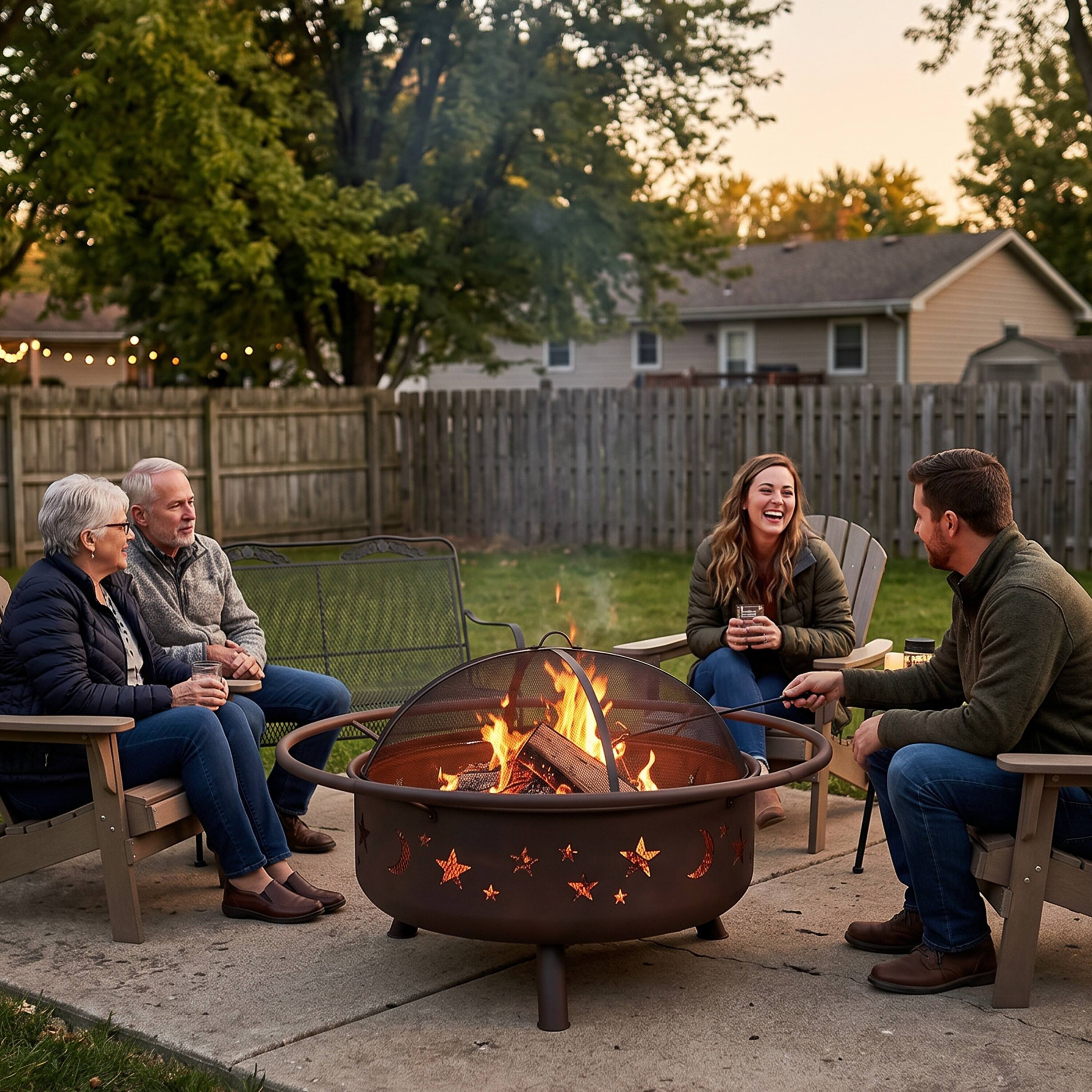 Alt View 9. Sunnydaze - 36 in Cosmic Steel Fire Pit w/Spark Screen/Poker - Bronze.