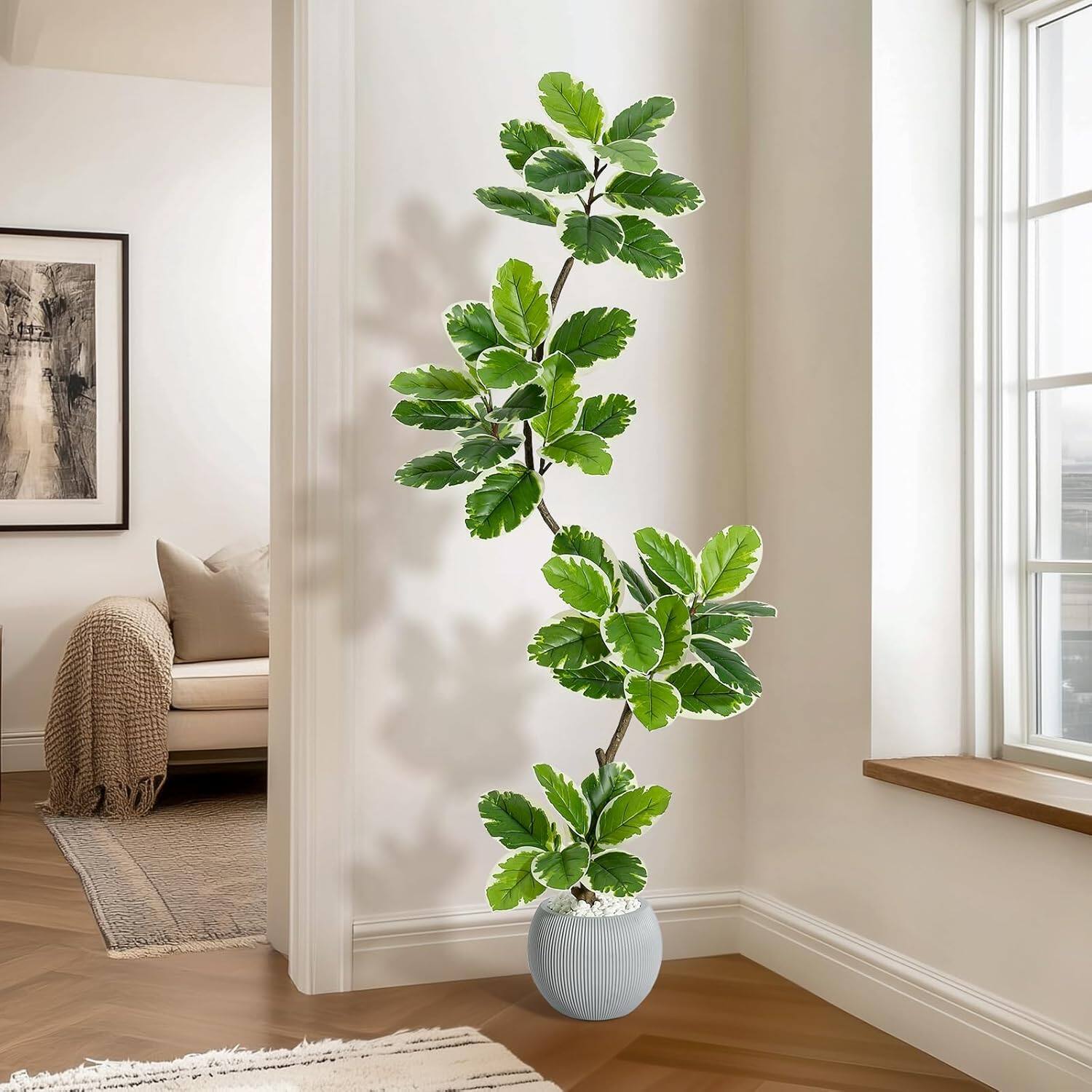 Alt View 5. Homhougo - Fiddle Leaf Fig Tree Artificial Indoor, 5 ft Tall Faux Rubber Tree with Sphere Planter, Tall Artificial Plants with - Green.