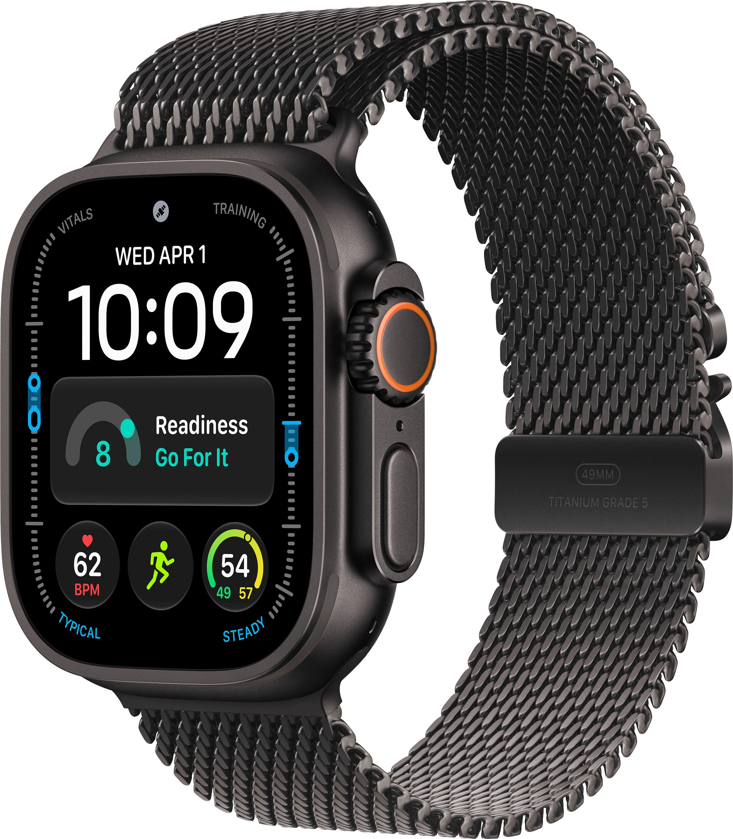 VITALS  
TRAINING  
WED APR 1  
10:09  
Readiness  
8  
Go For It  
49MM  
TITANIUM GRADE 5  
62 BPM TYPICAL  
54 49 57 STEADY