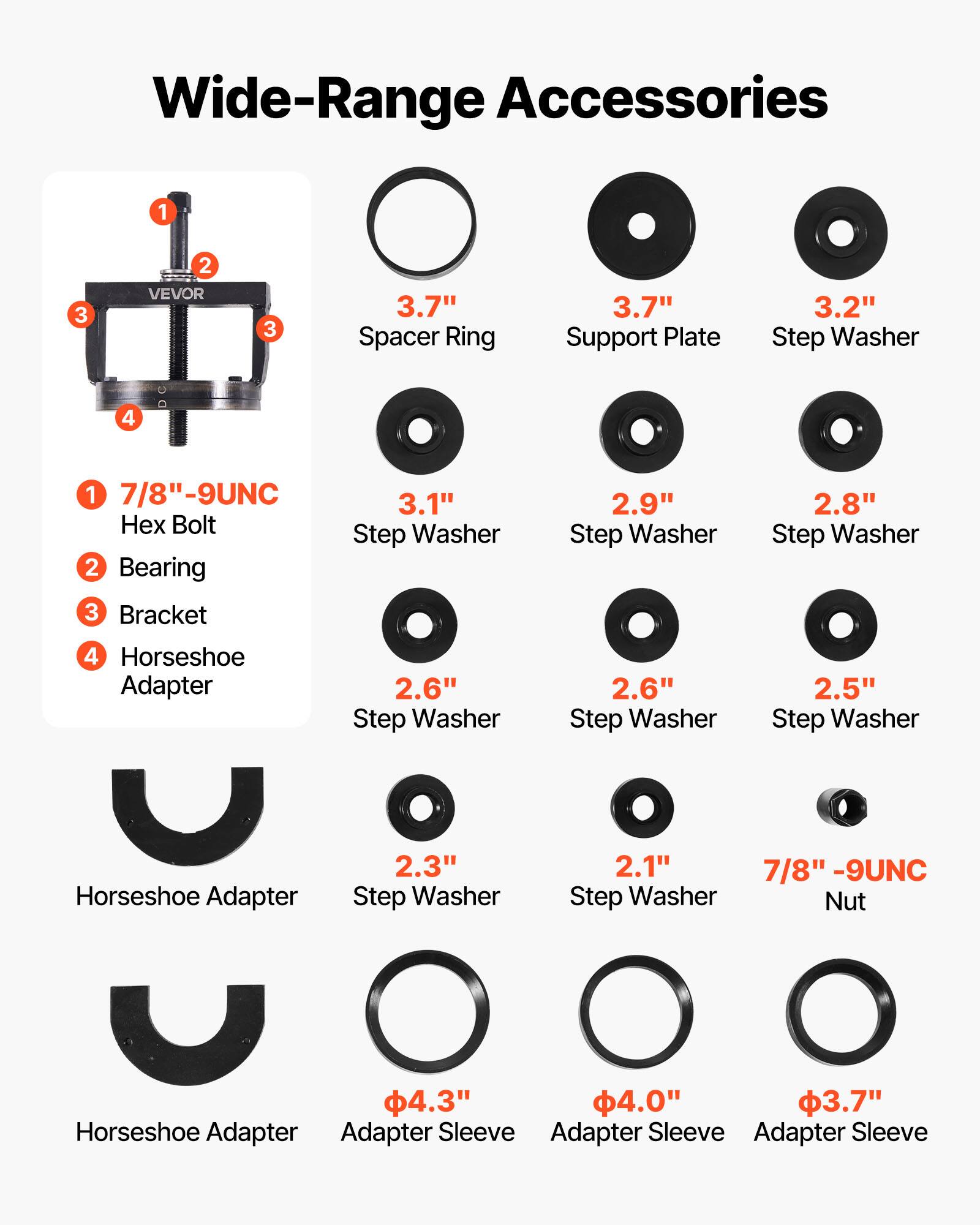 Wide-Range Accessories

1. 7/8"-9UNC Hex Bolt
2. Bearing
3. Bracket
4. Horseshoe Adapter

3.7" Spacer Ring
3.7" Support Plate
3.2" Step Washer

3.1" Step Washer
2.9" Step Washer
2.8" Step Washer

2.6" Step Washer
2.6" Step Washer
2.5" Step Washer

2.3" Step Washer
2.1" Step Washer

7/8" -9UNC Nut

Horseshoe Adapter
Horseshoe Adapter

Adapter Sleeve (4.3")
Adapter Sleeve (4.0")
Adapter Sleeve (3.7")