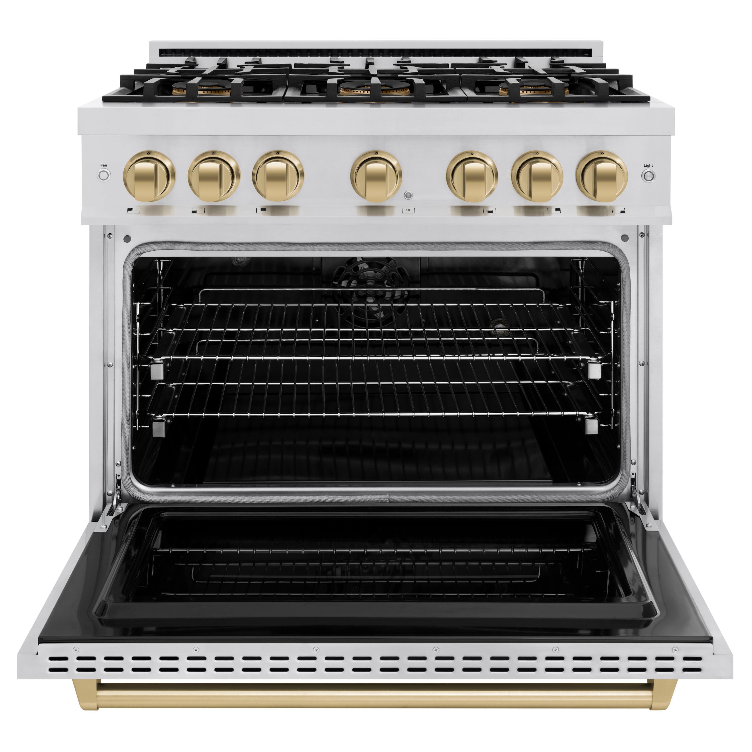 Angle. ZLINE - Autograph 36 in. 5.2 cu. ft. Classic Freestanding DuoPro Dual Fuel Range with Convection Oven & Bronze Accents - Stainless Steel.