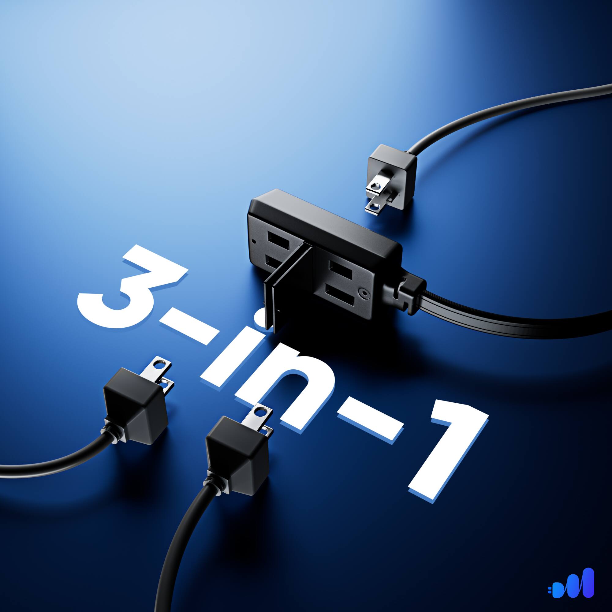 Alt View 2. Maximm - 2ft 360° Rotating Flat Plug Extension Cord/Wire, 16 AWG Multi 3 Outlet, 2 Prong with Safety Cover - UL Certified - Black.