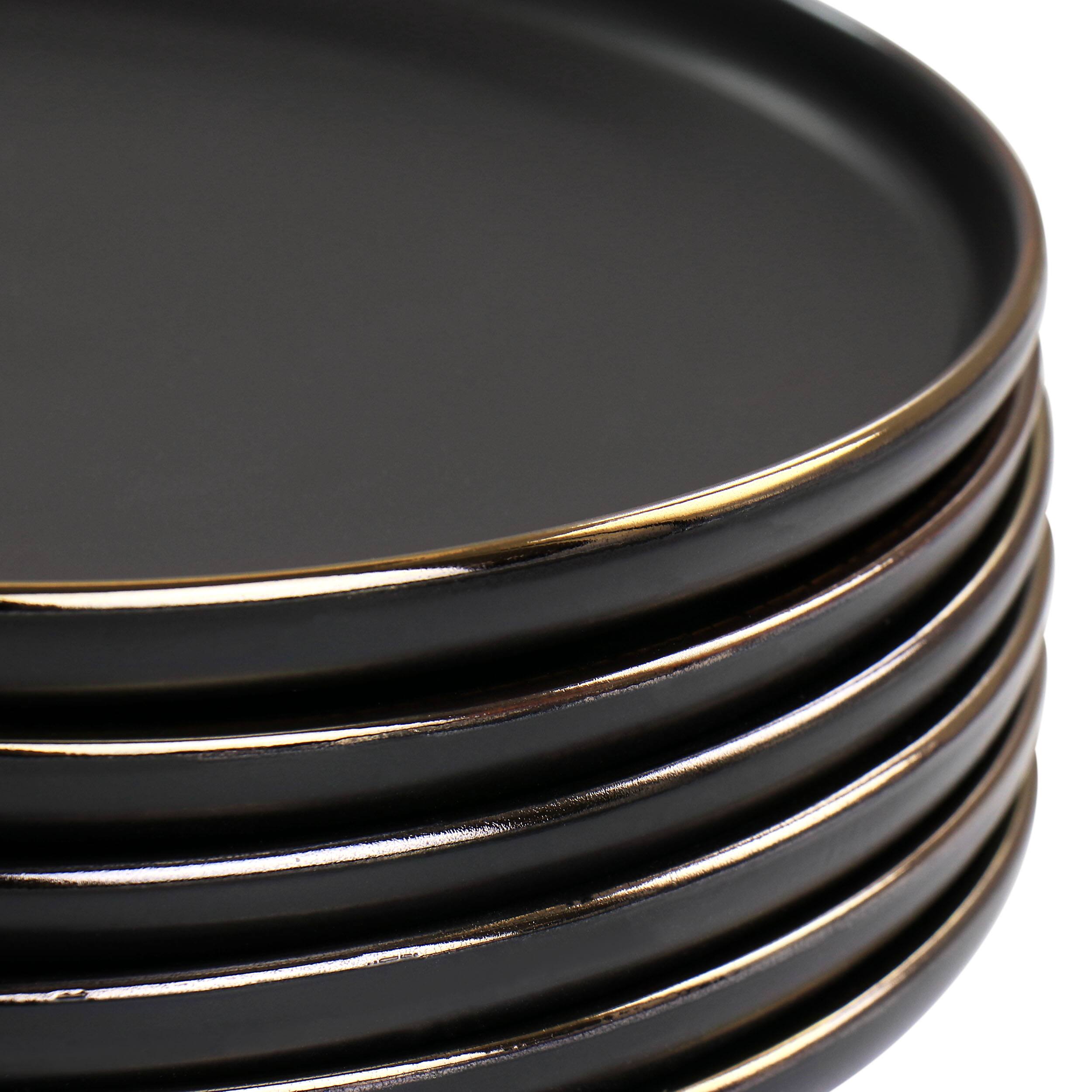 Left. Elama - Elama Paul 6 Piece Stoneware Salad Plate Set in Matte Black with Gold Rim - Black.