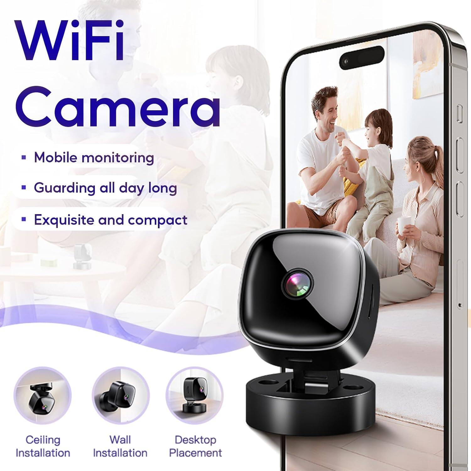 WiFi Camera

- Mobile monitoring
- Guarding all day long
- Exquisite and compact

Ceiling Installation  
Wall Installation  
Desktop Placement
