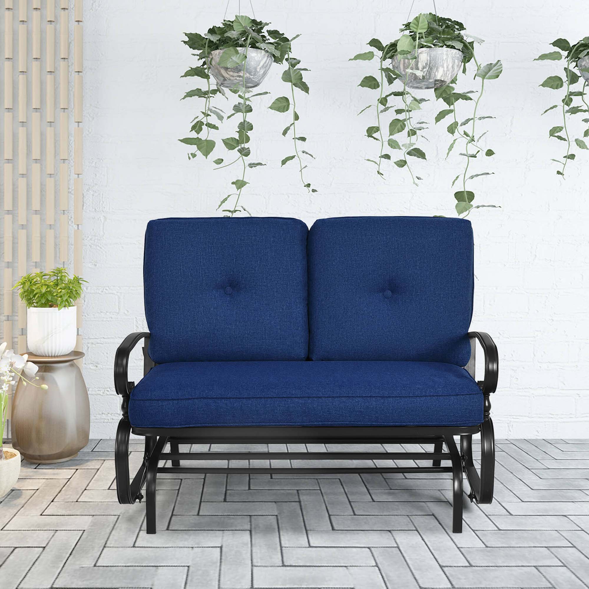 Alt View 3. Costway - Glider Outdoor Patio Rocking Bench Loveseat Cushioned Seat Steel Frame - Navy.