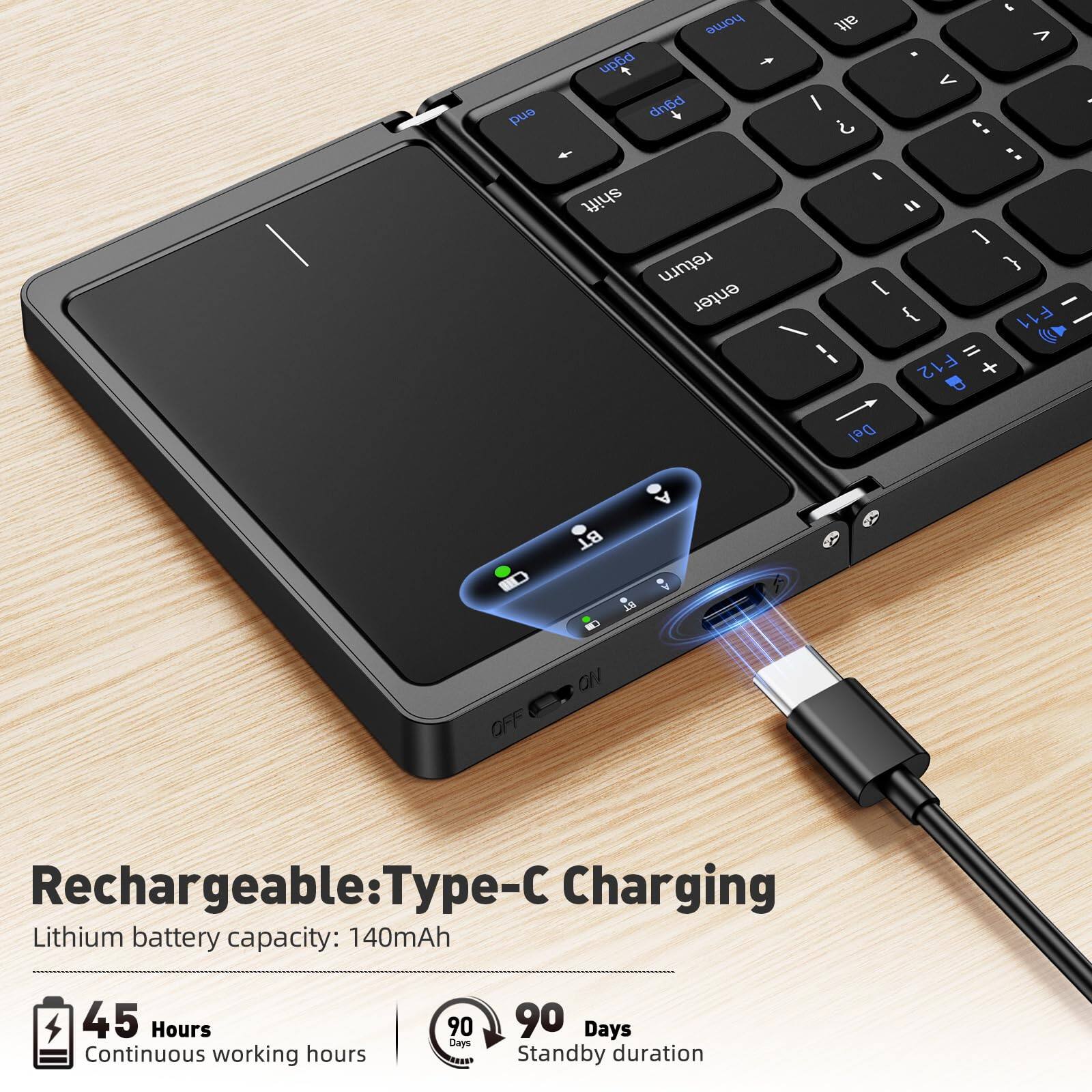 Rechargeable: Type-C Charging  
Lithium battery capacity: 140mAh  
45 Hours Continuous working hours  
90 Days Standby duration