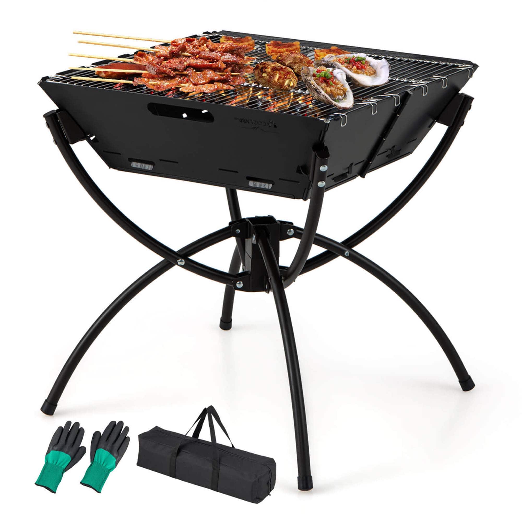 Angle. Costway - 3-in-1 Portable Charcoal Grill Folding Camping Fire Pit with Carrying Bag & Gloves Coffee - Coffee.