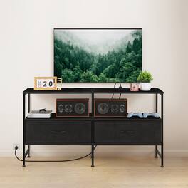 Oumilen - 47"TV Stand with Power Outlets, Industrial Entertainment Center with Fabric Drawers for TVs up to 50" - Black