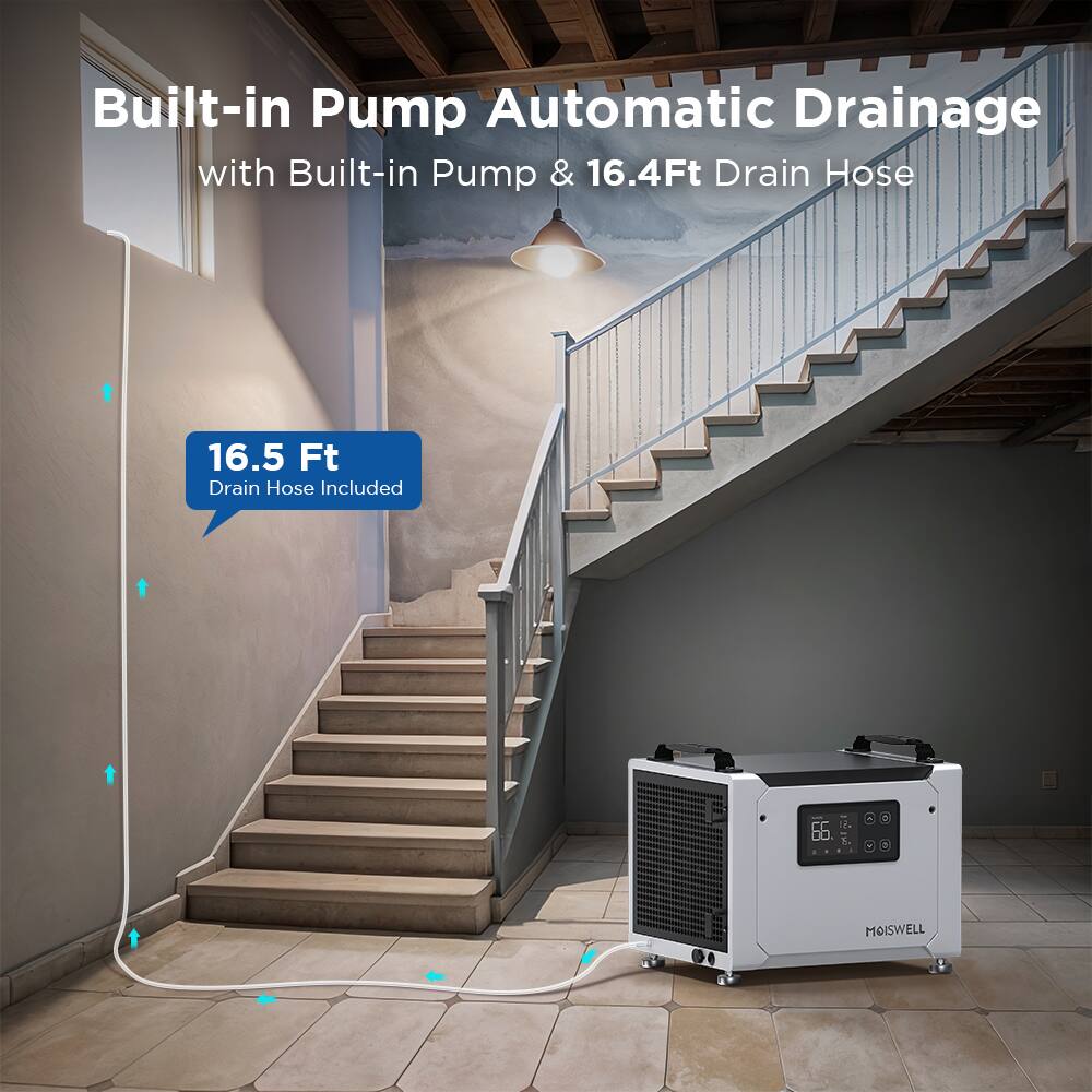 Built-in Pump Automatic Drainage with Built-in Pump & 16.4Ft Drain Hose  
16.5 Ft Drain Hose Included