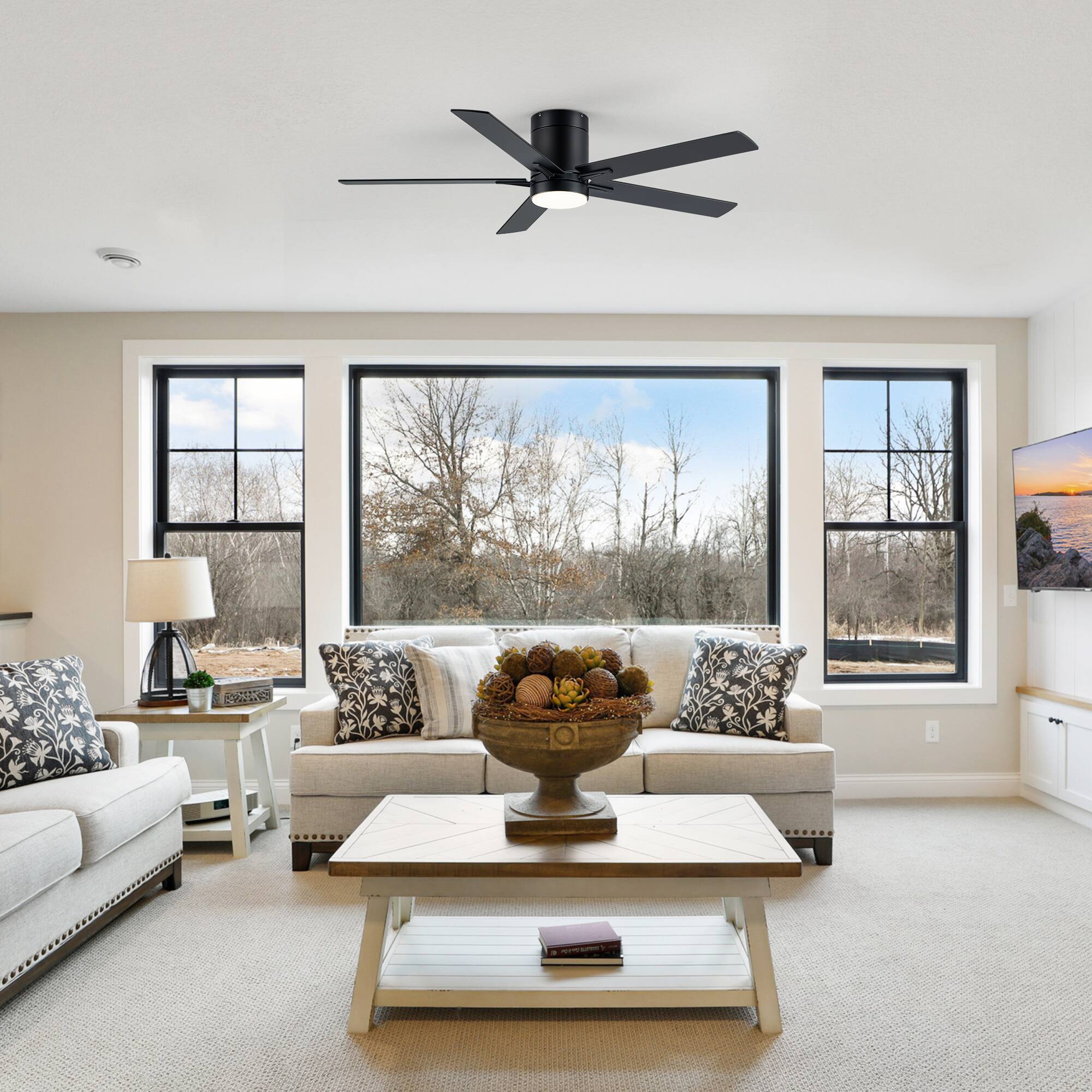 Alt View 2. Breezary - 52'' Flush Mount Ceiling Fan, 3-Color Light, 5 Plywood Blades, DC Motor, 6-Speed Remote Control, Timer & Memory - Matte Black and Deep Wood Grain.